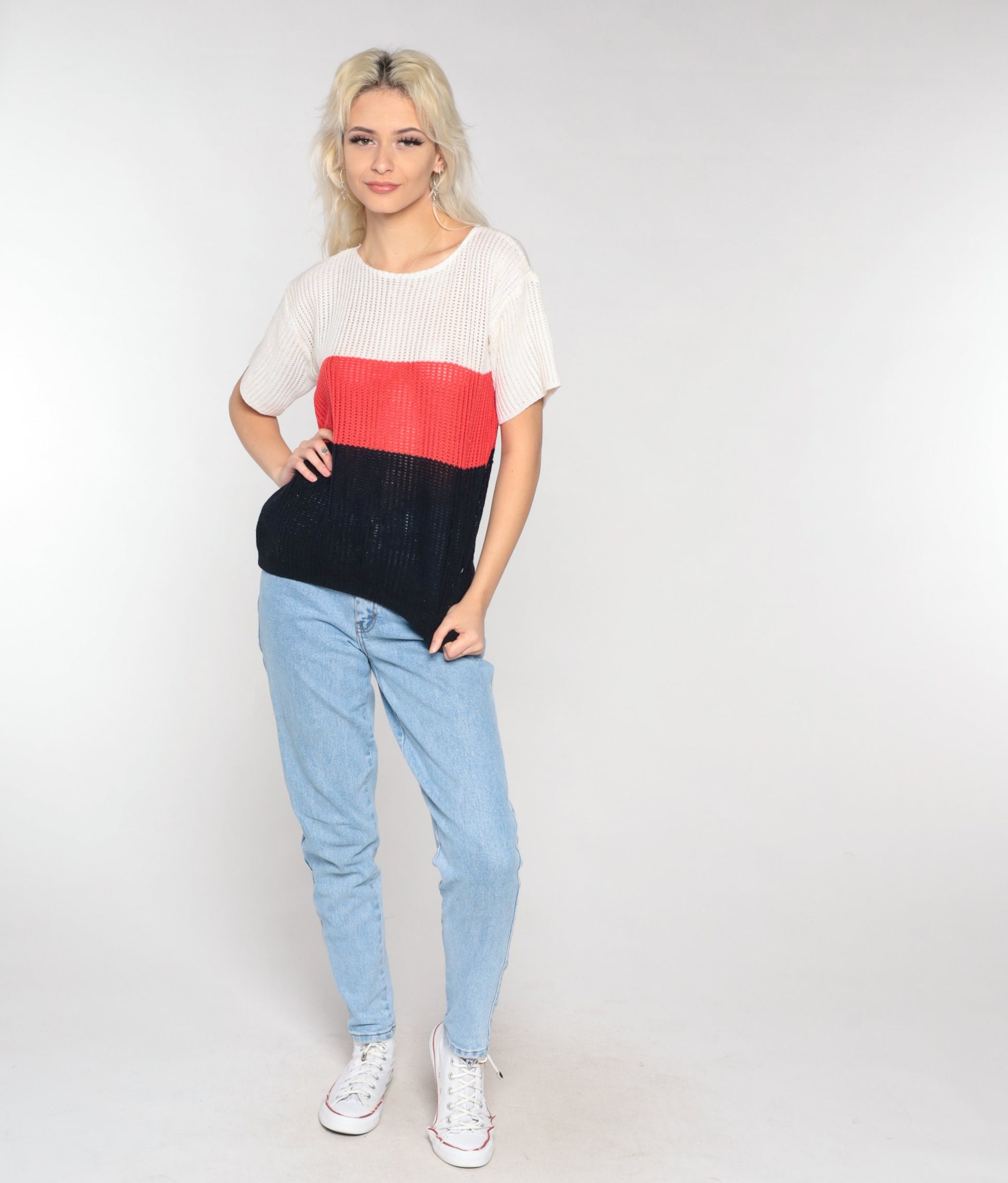 70s Striped Open Weave Knit Sweater Top Short Sleeve White Red Black Small