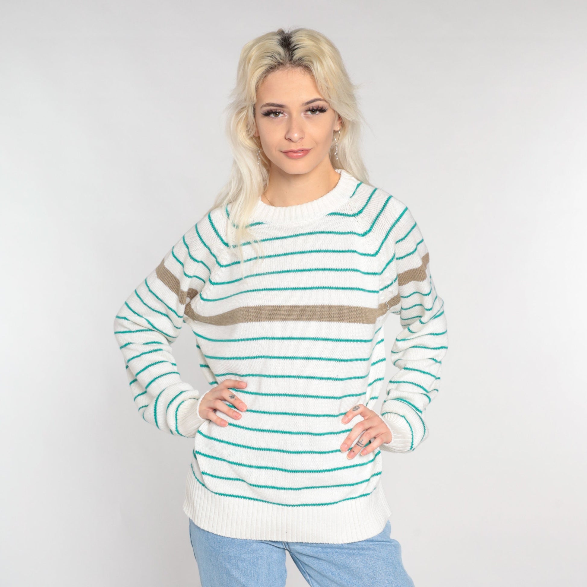90s Striped Pullover Sweater White Green Tan Raglan Crewneck Large L