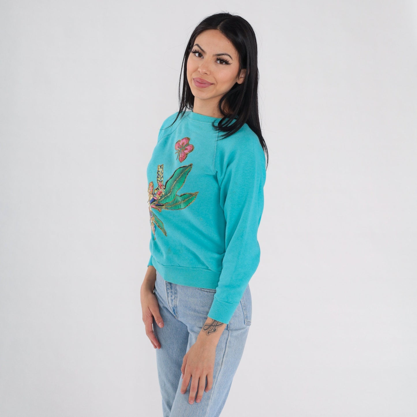 90s Glitter Floral Butterfly Sweatshirt Teal Blue Raglan Graphic XS
