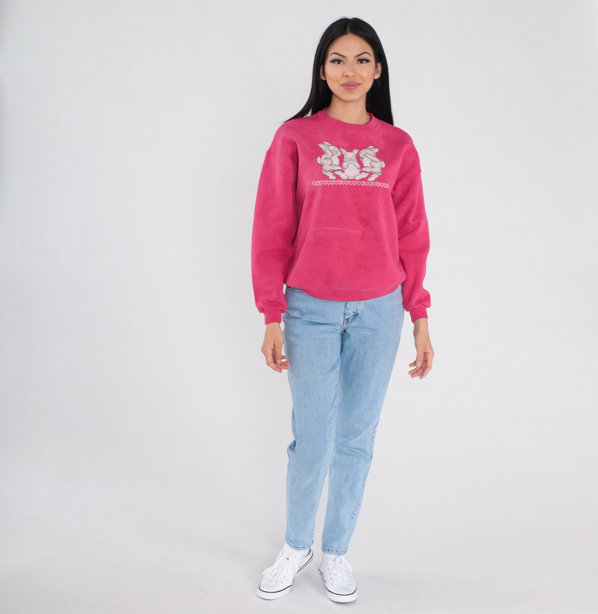 90s Bunny Cross Stitch Sweatshirt Faded Red Crewneck Pullover Medium M