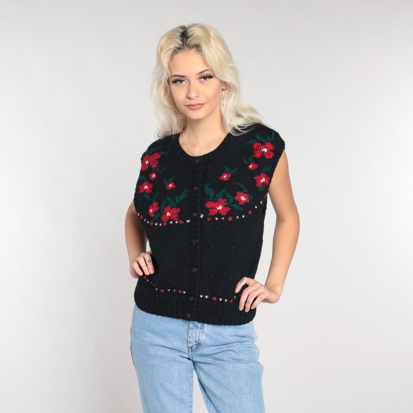 80s Black Wool Floral Button-Up Sweater Vest Red Flower Knit Large