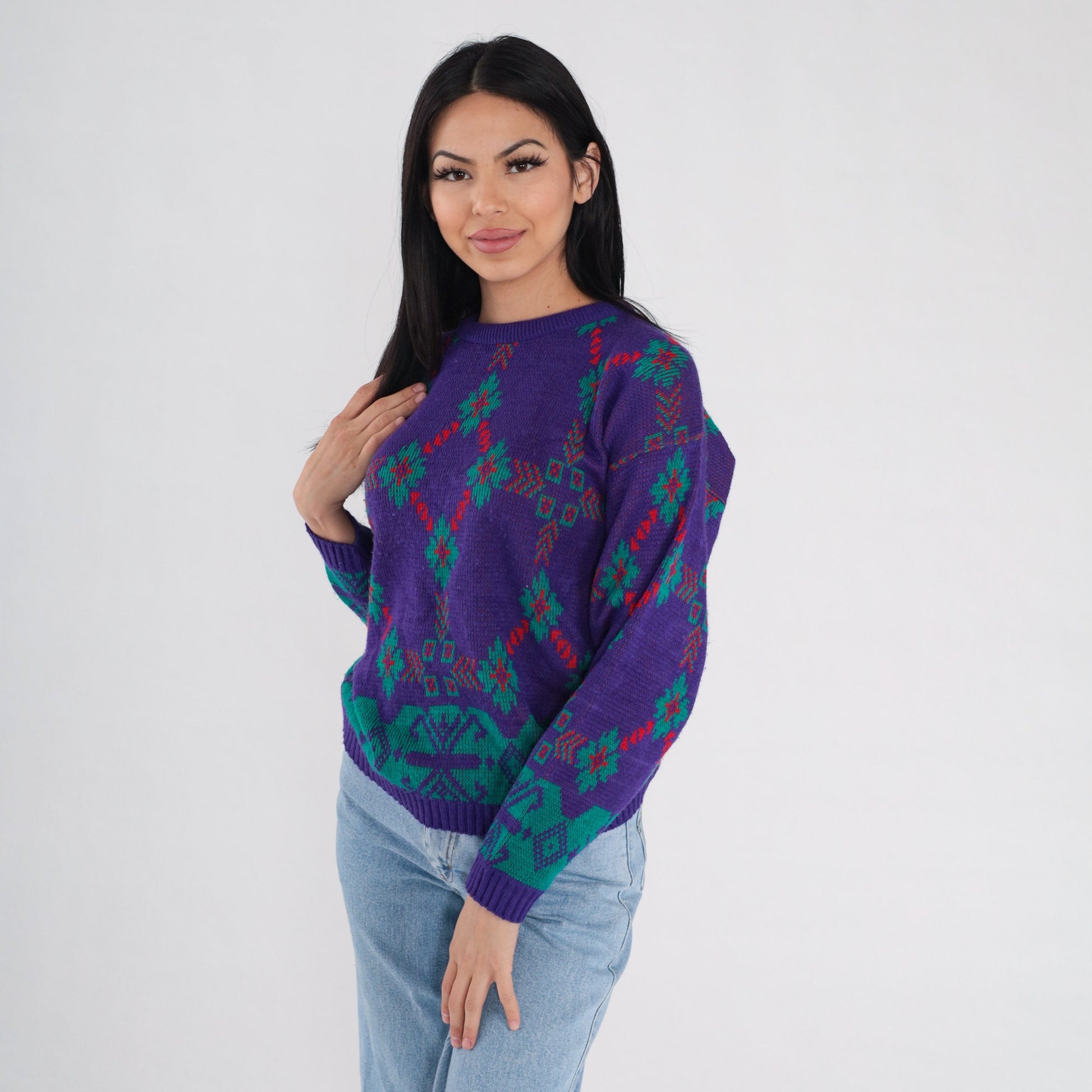 90s Purple Snowflake Knit Sweater Geometric Crewneck Pullover Medium M