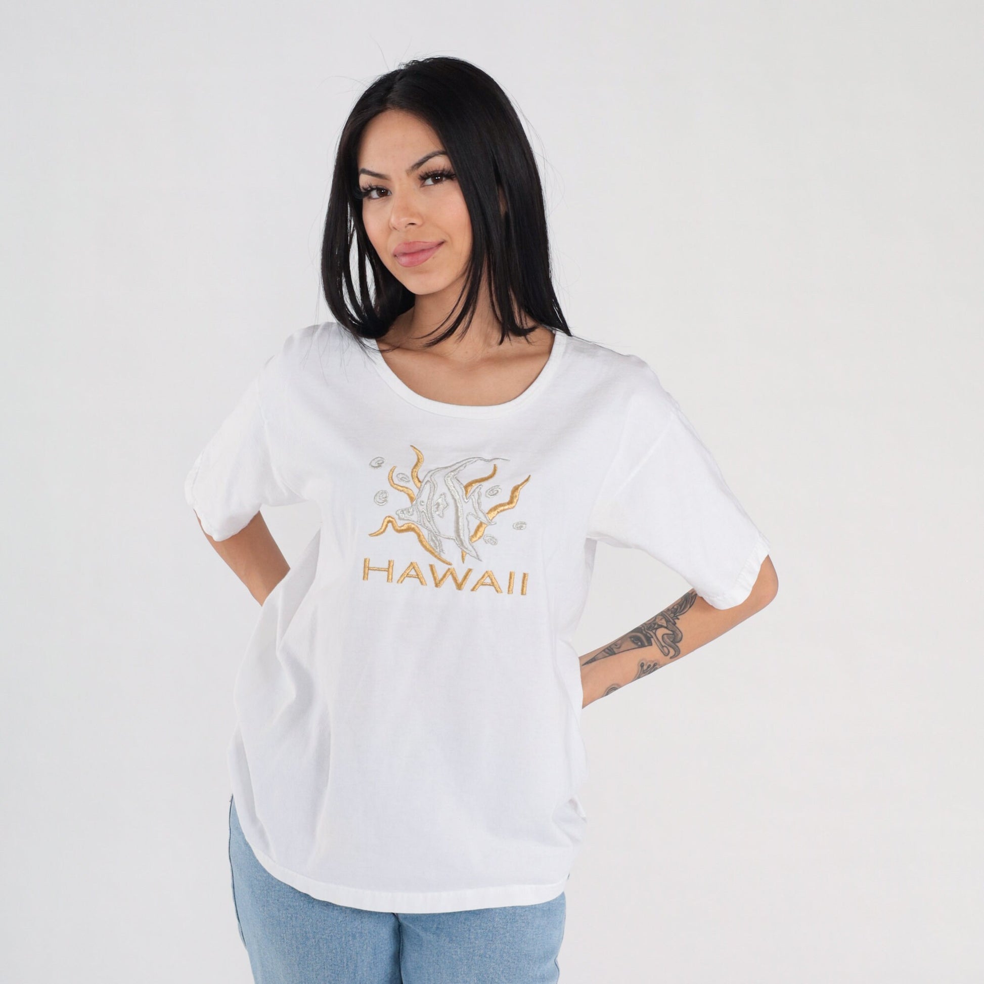 90s Hawaii Tropical Fish Embroidered T-Shirt White Graphic Tee Large L
