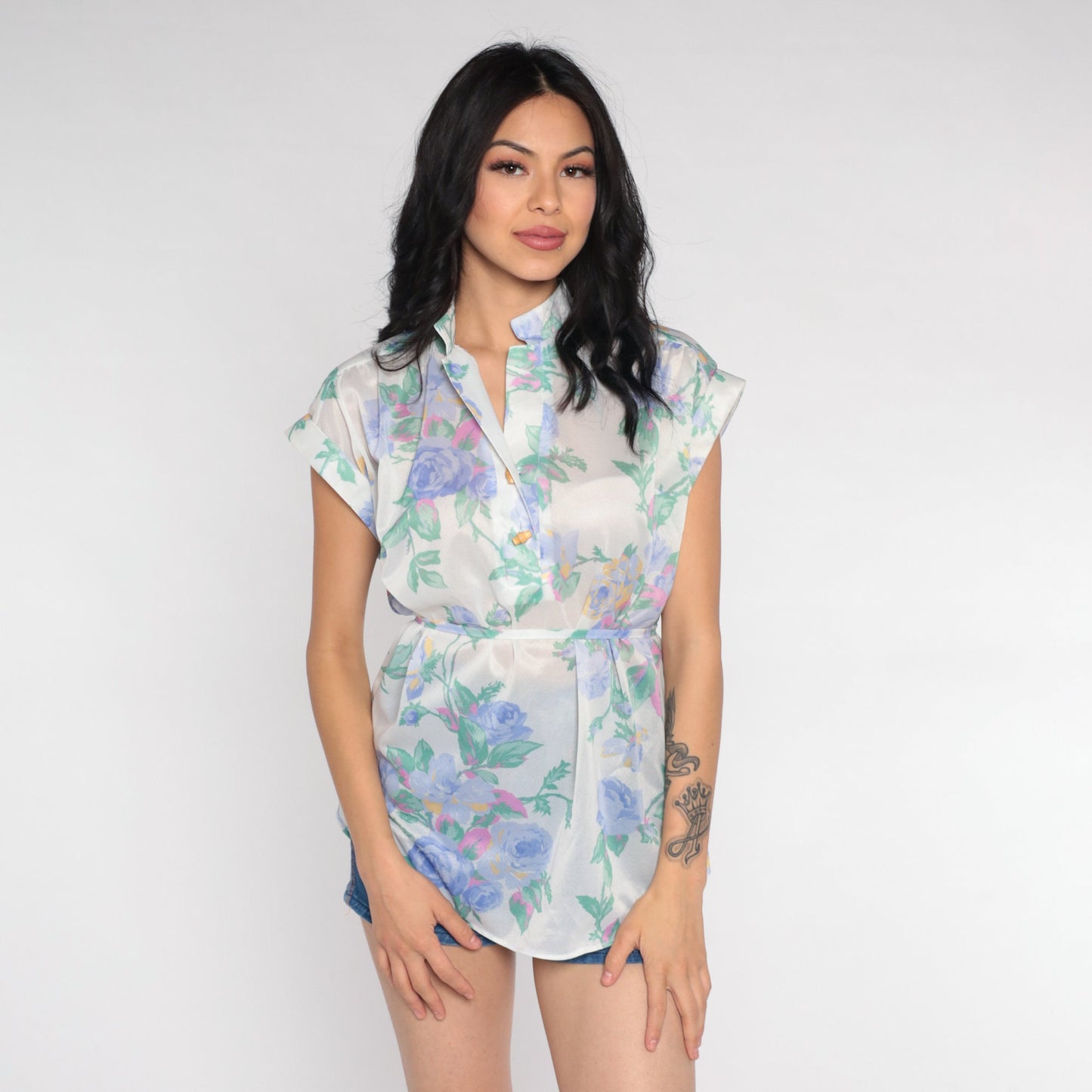 70s Floral Blouse White Semi-Sheer Cap Sleeve Toggle Button Up Medium
