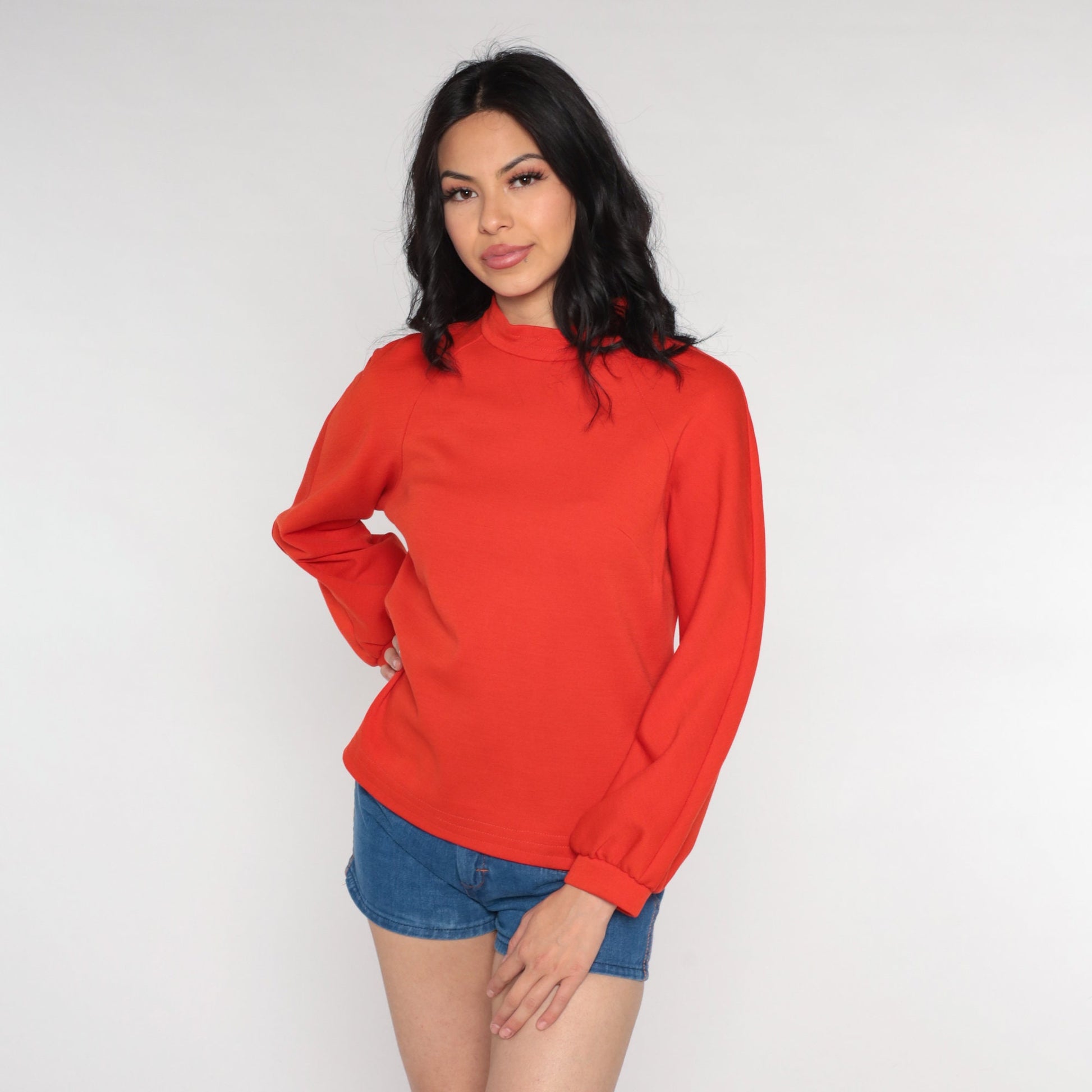 70s Red-Orange Mock Neck Raglan Sleeve Blouse Medium