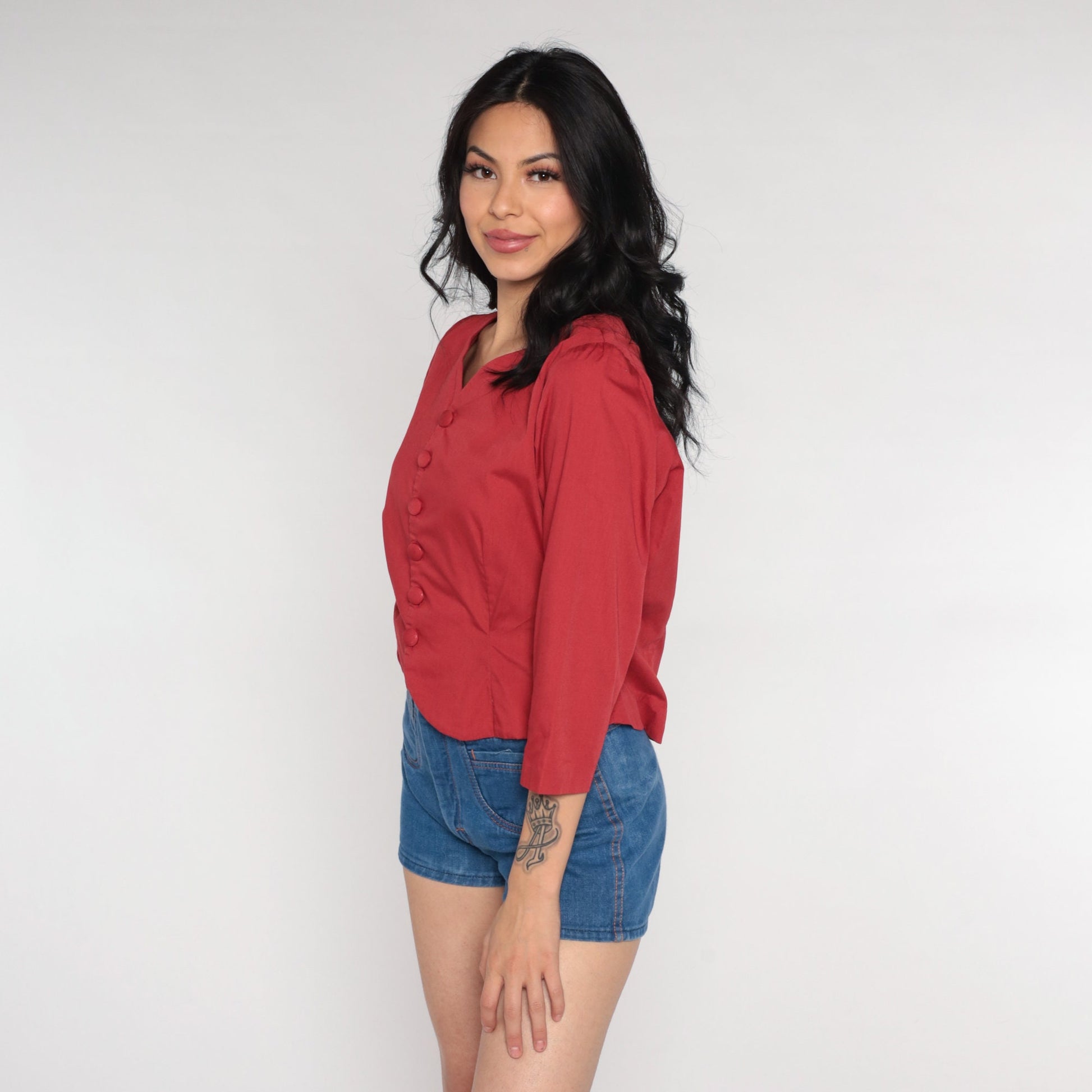 70s Red Button-Up Shirt Cotton Blend V-Neck 3/4 Sleeve Small S