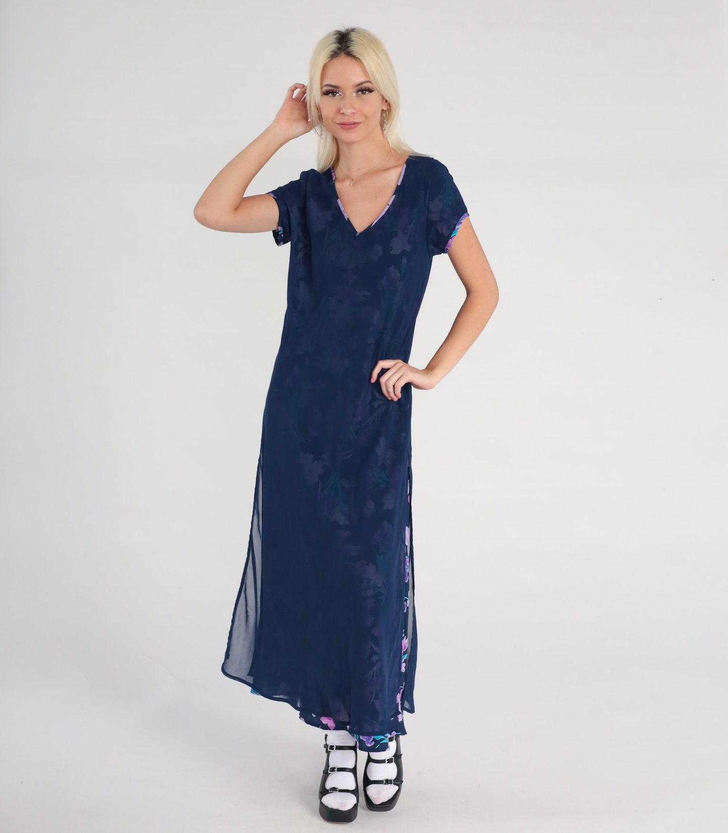00s Floral Chiffon Maxi Dress Dark Blue V-Neck Botanical Print Small