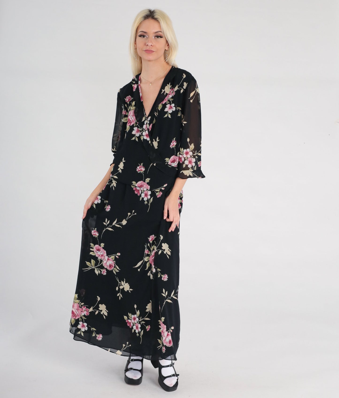 90s Black Floral Chiffon Maxi Dress V-Neck 3/4 Sleeve Wrap Large