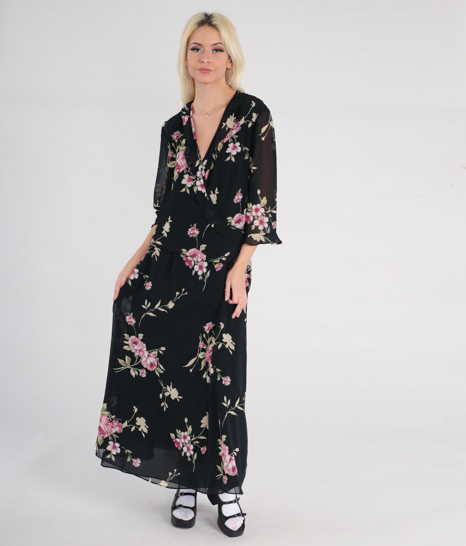 90s Black Floral Chiffon Maxi Dress V-Neck 3/4 Sleeve Wrap Large