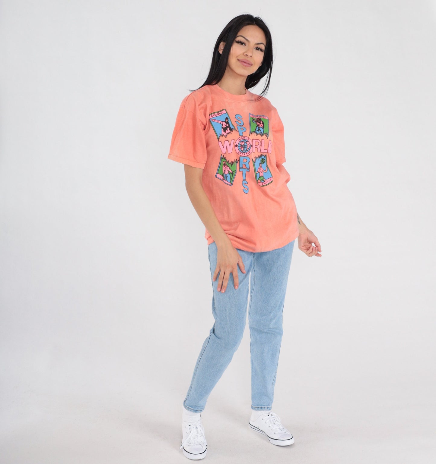 90s World Sportif French Graphic T-Shirt Peach Cotton Single Stitch Medium