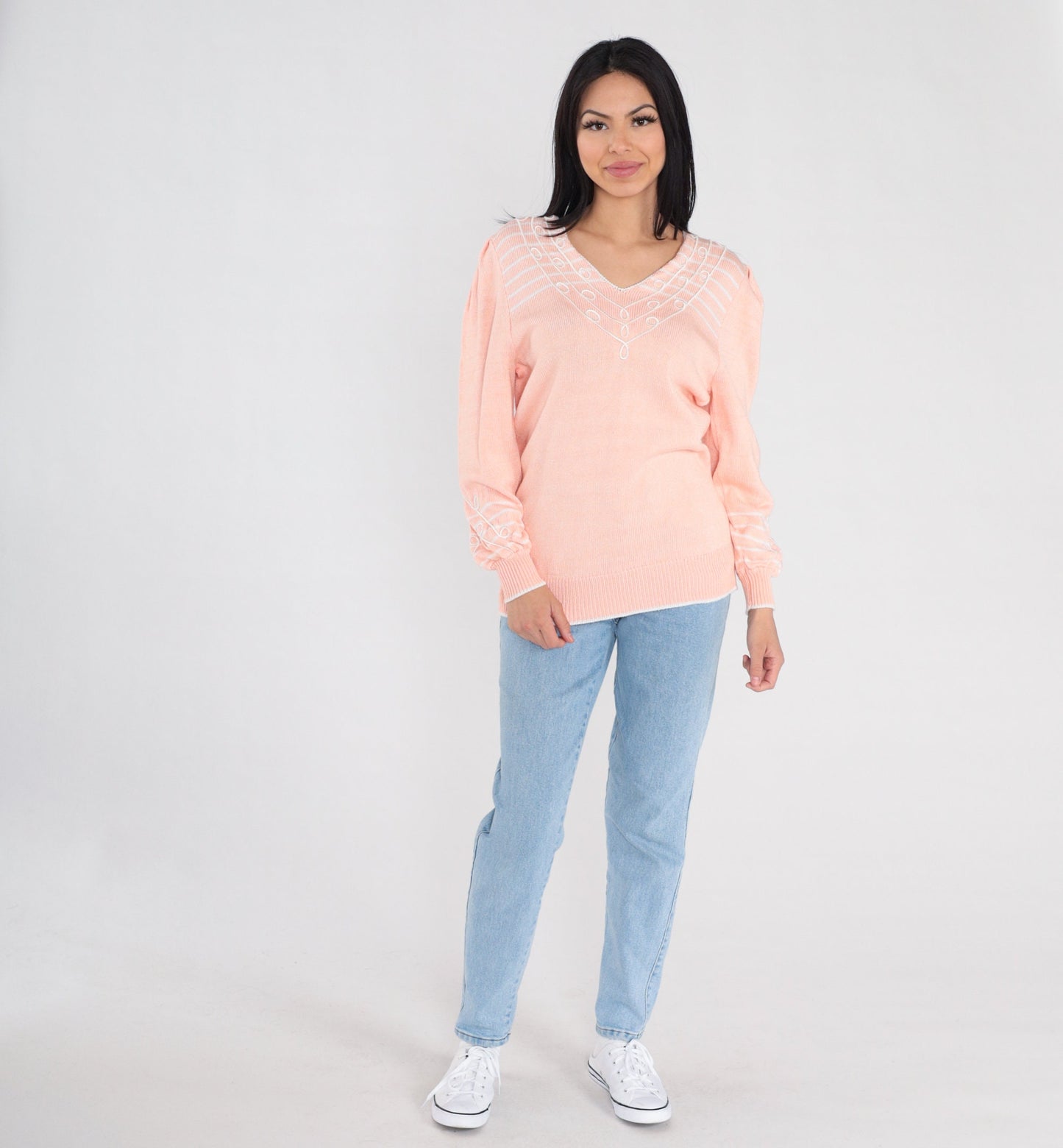 80s Pink Knit V-Neck Sweater White Stripes Soutache Trim Medium M
