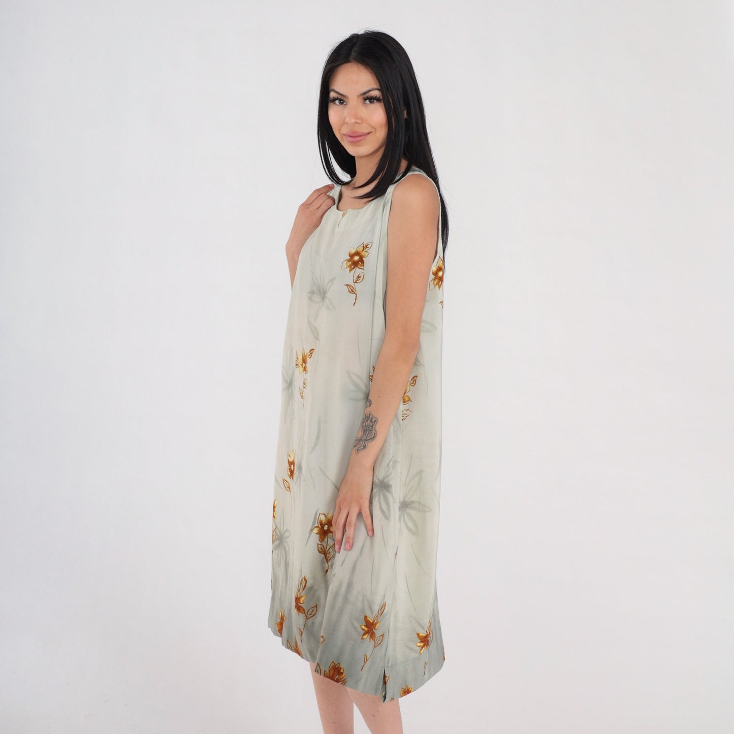 90s Green Floral Semi-Sheer Sundress Knee-Length Sleeveless Large L