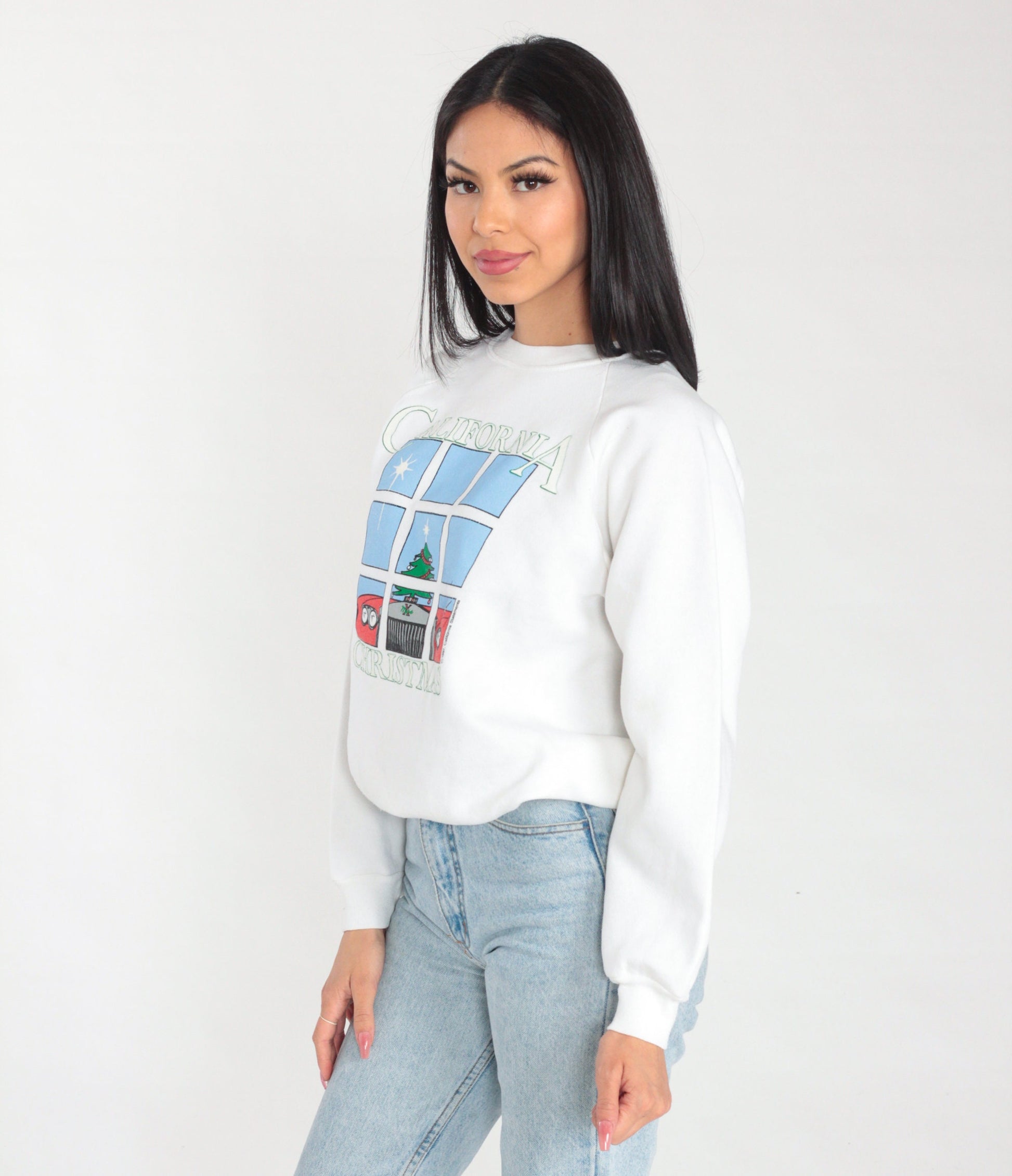 80s California Christmas Sweatshirt White Raglan Graphic Car Tree Small