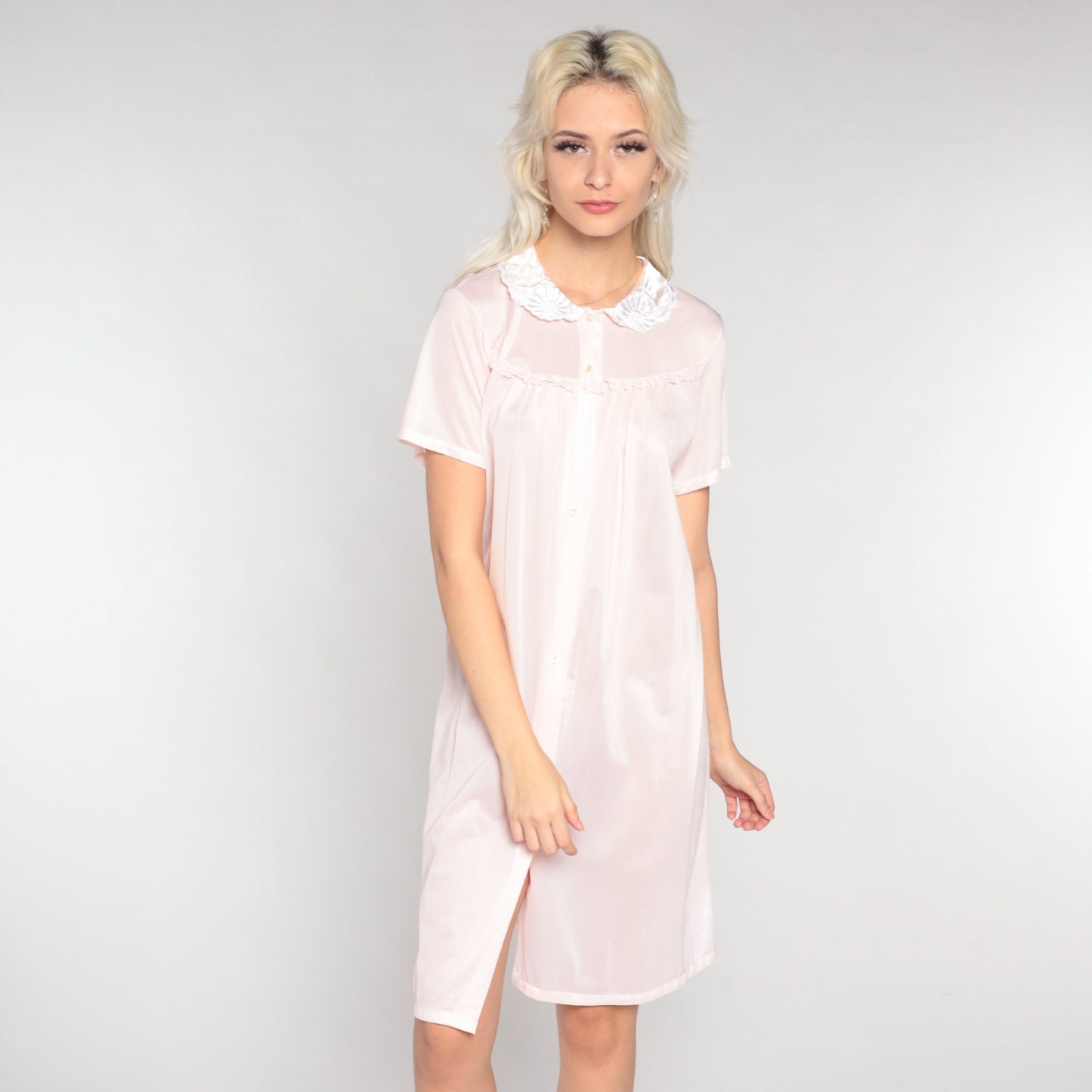 80s Pale Pink Floral Embroidered Nylon Nightgown Collared Mini Dress Medium M