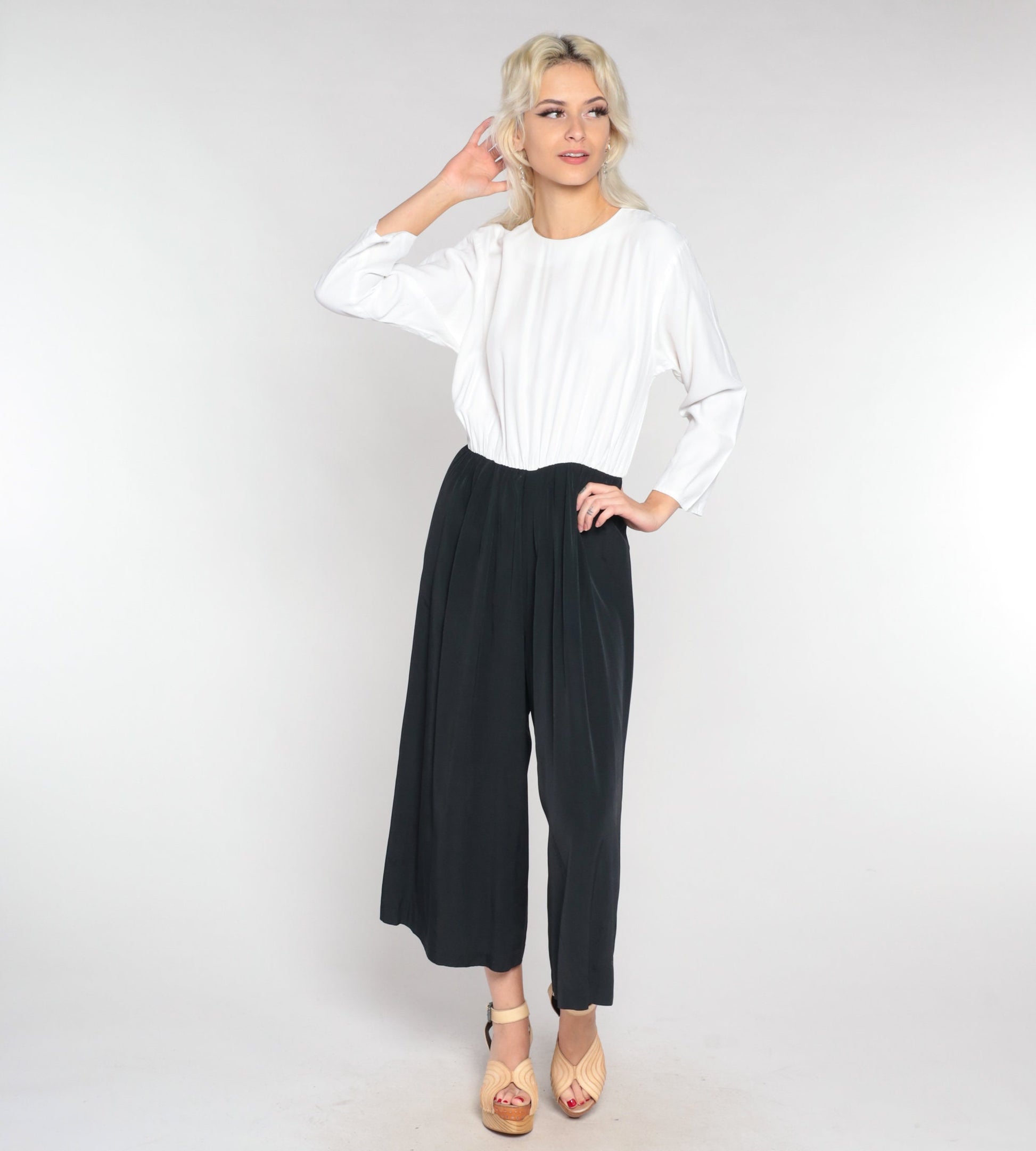 90s Black & White Wide Leg Jumpsuit Long Sleeve Rear Zip Medium