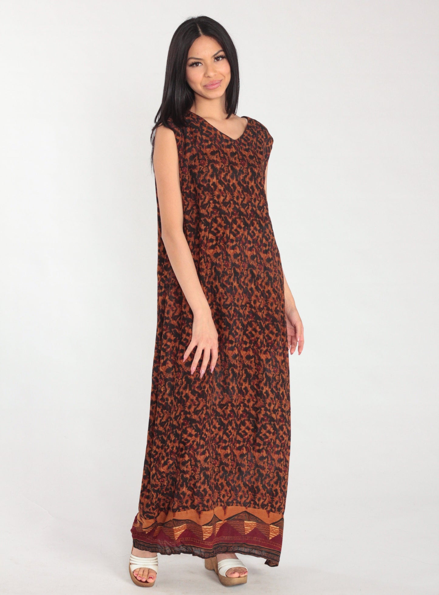 90s Karin Stevens Maxi Dress Sleeveless Orange Black Abstract Animal Print Large