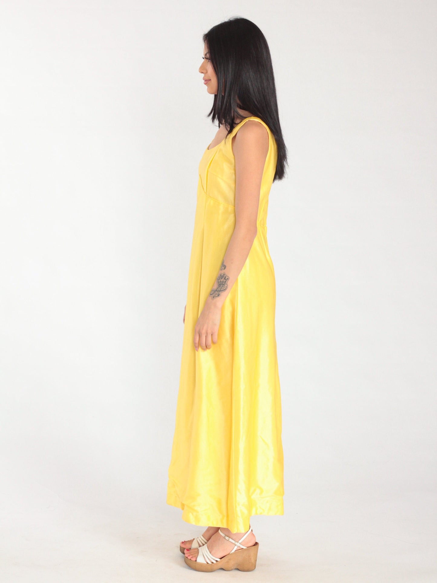 70s Yellow Empire Waist Maxi Dress Sleeveless Ankle Length Small