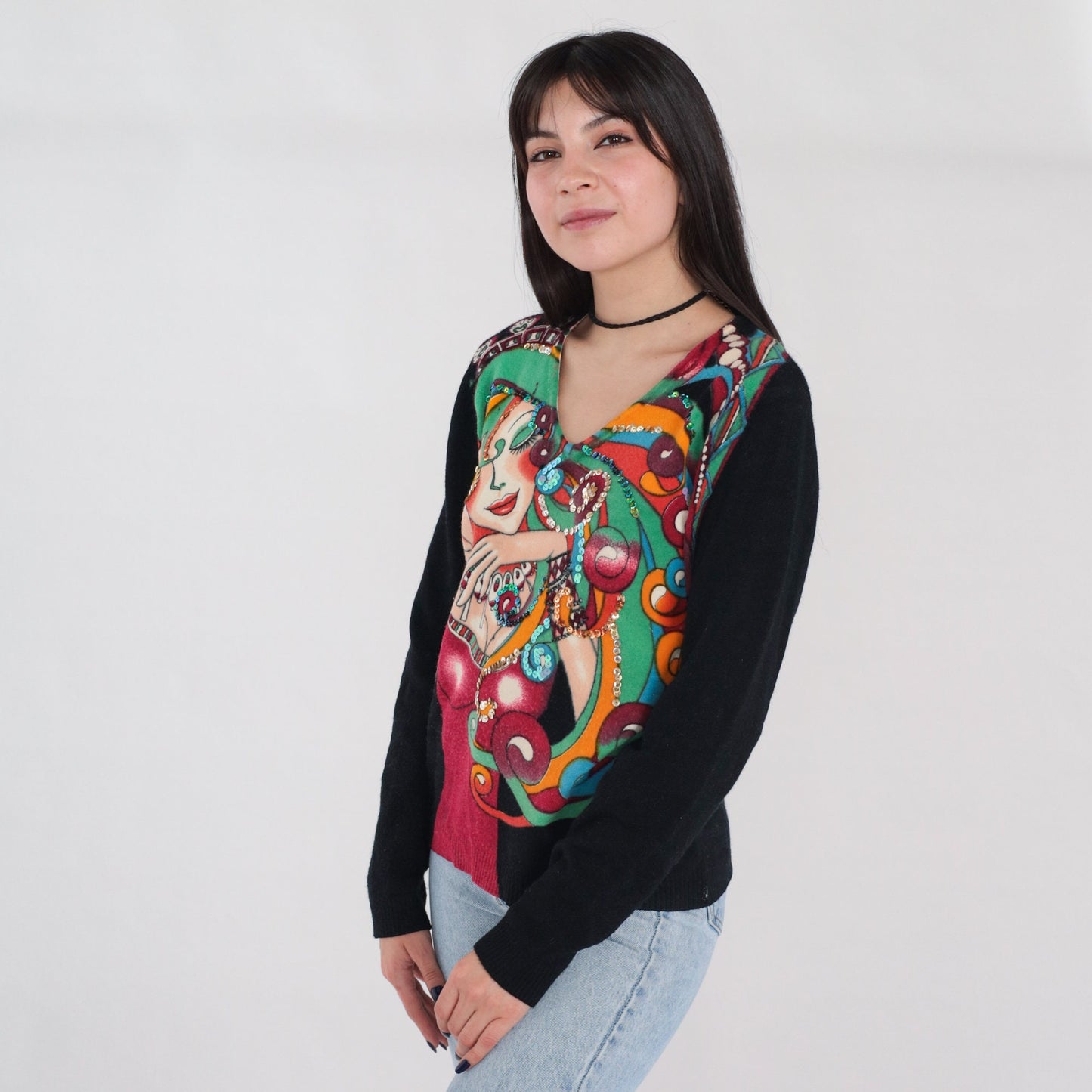00s Sequin Fantasy Woman Graphic Pullover Sweater Black Medium M