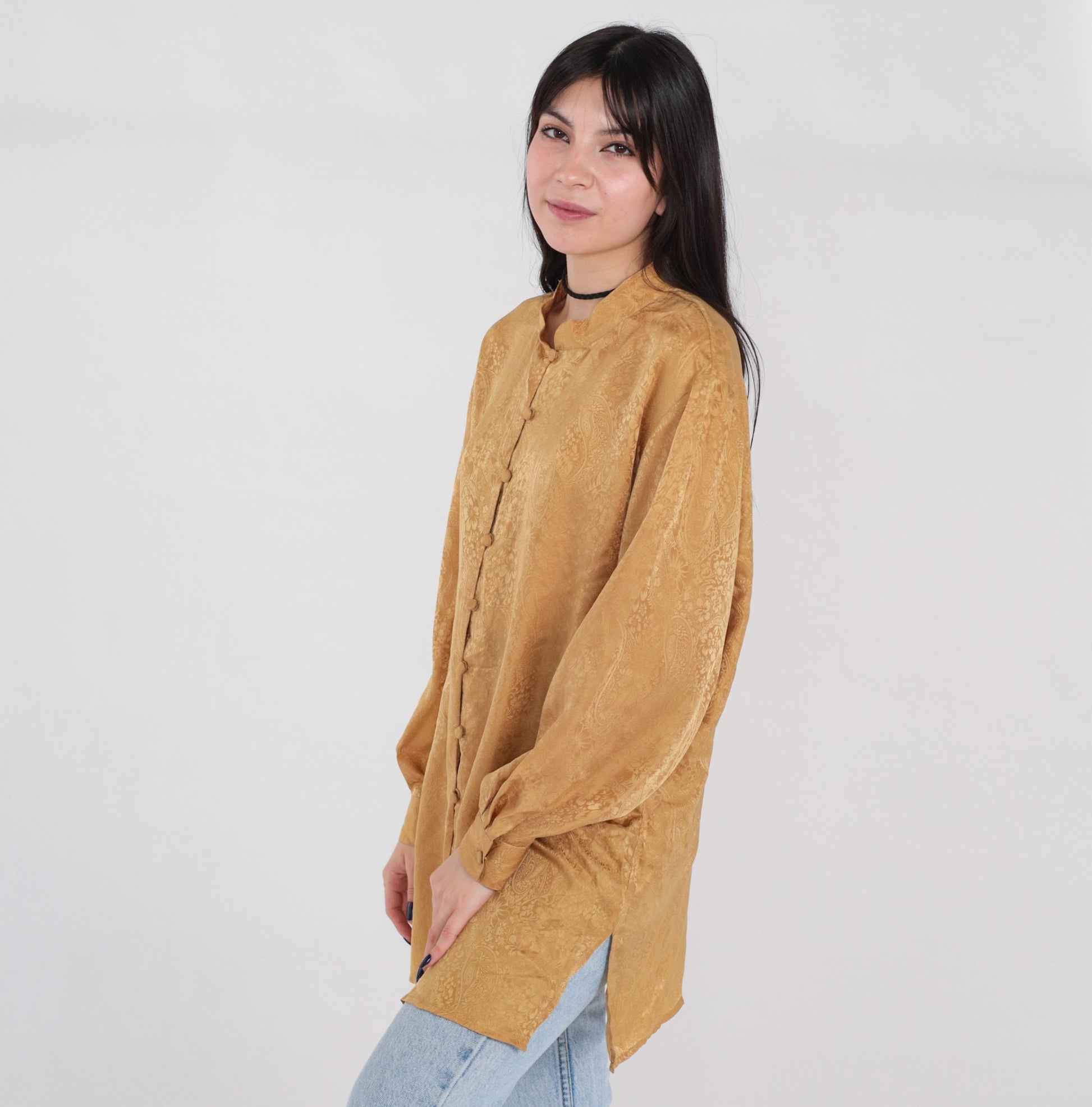90s Gold Silk Tunic Blouse Embossed Paisley Floral Button-Up Long Sleeve Large L
