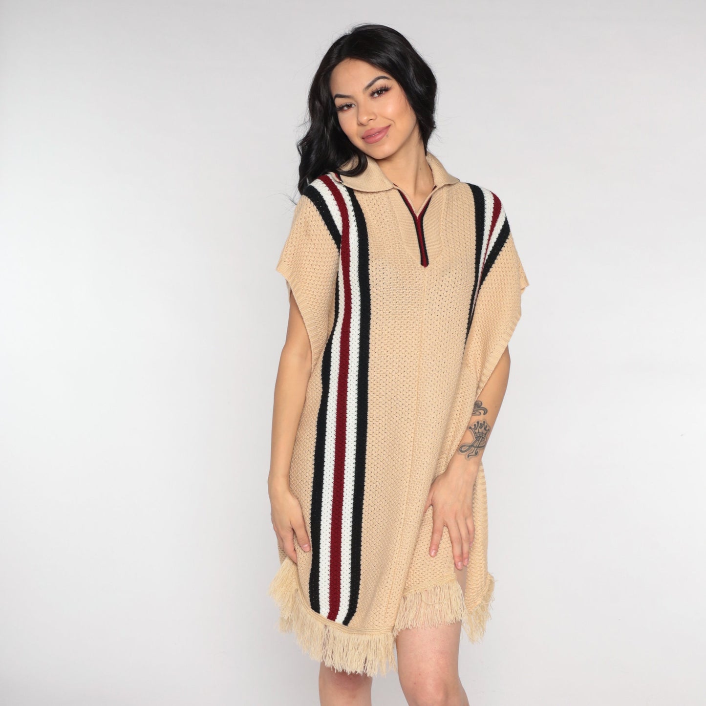 70s Tan Striped Knit Poncho Collared Fringe Shawl One Size