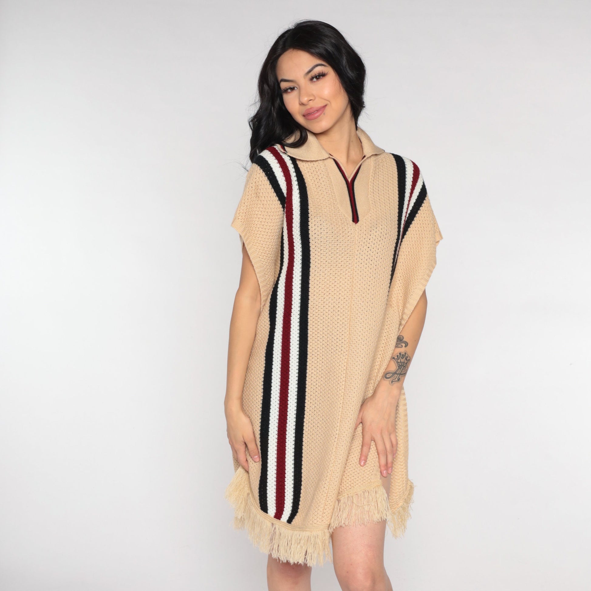70s Tan Striped Knit Poncho Collared Fringe Shawl One Size