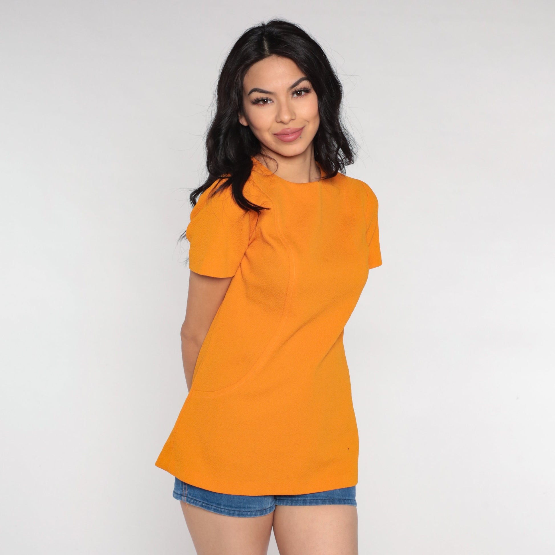 70s Orange Short Sleeve Shirt Rear Zipper Blouse Small