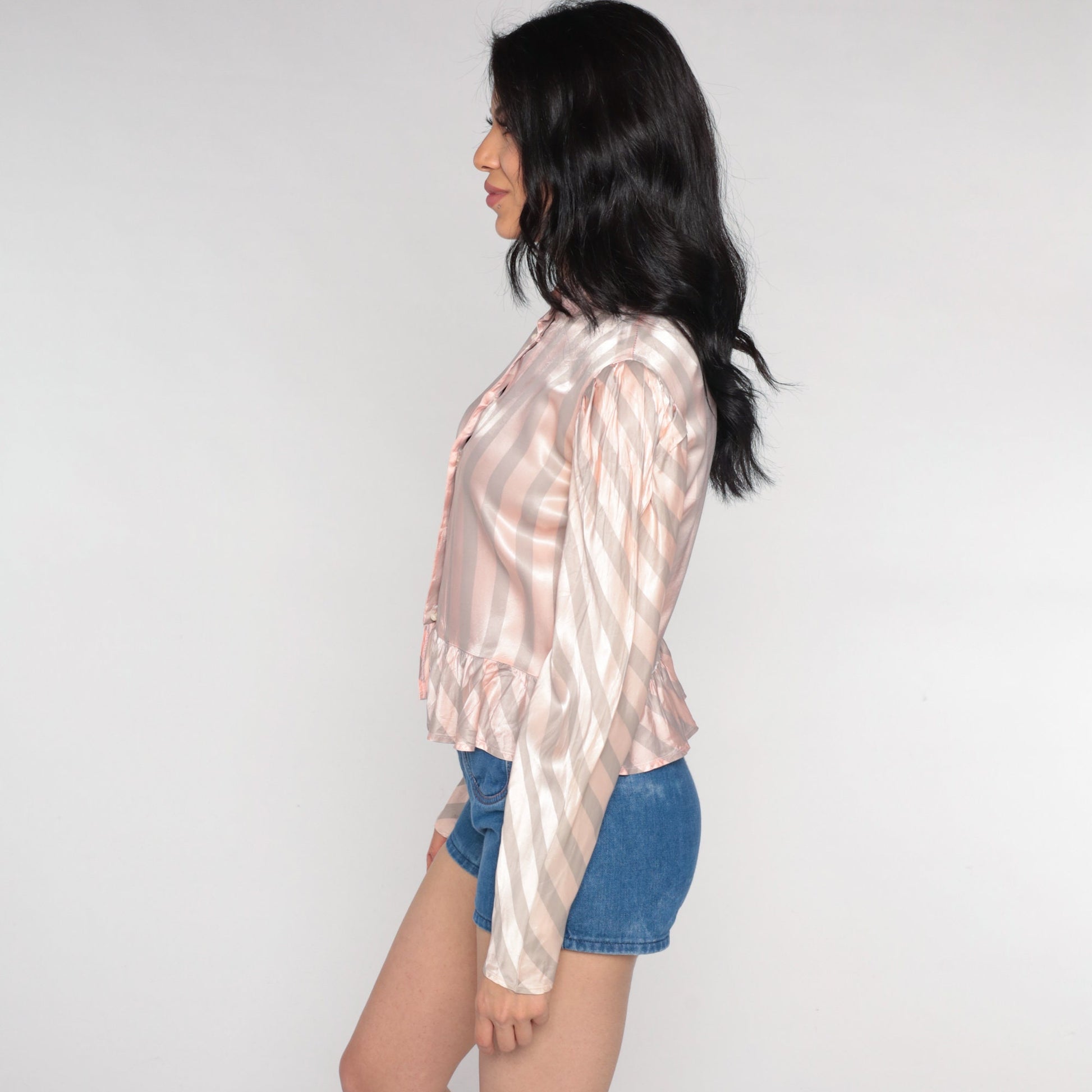 80s Striped Peplum Blouse Pink Grey Puff Sleeve Acetate Extra Small XS
