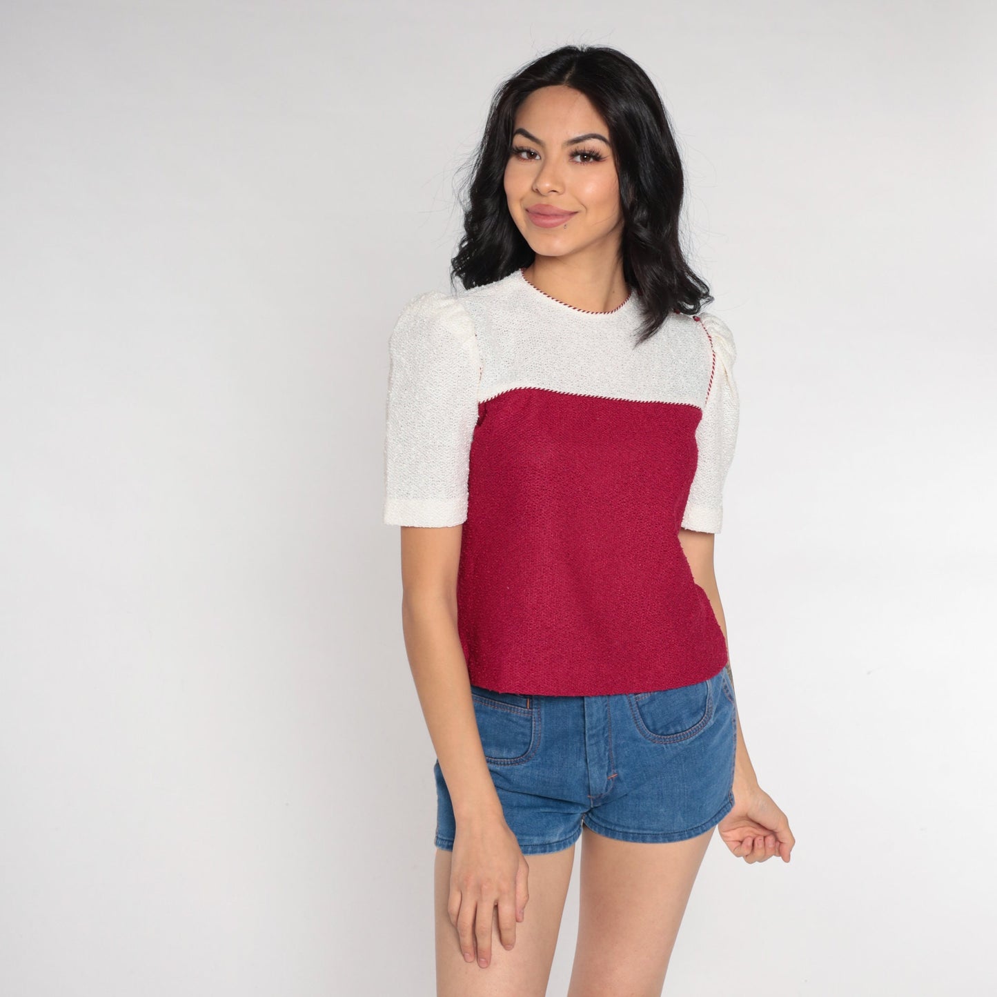 80s Raspberry White Color Block Knit Puff Sleeve Top Extra Small