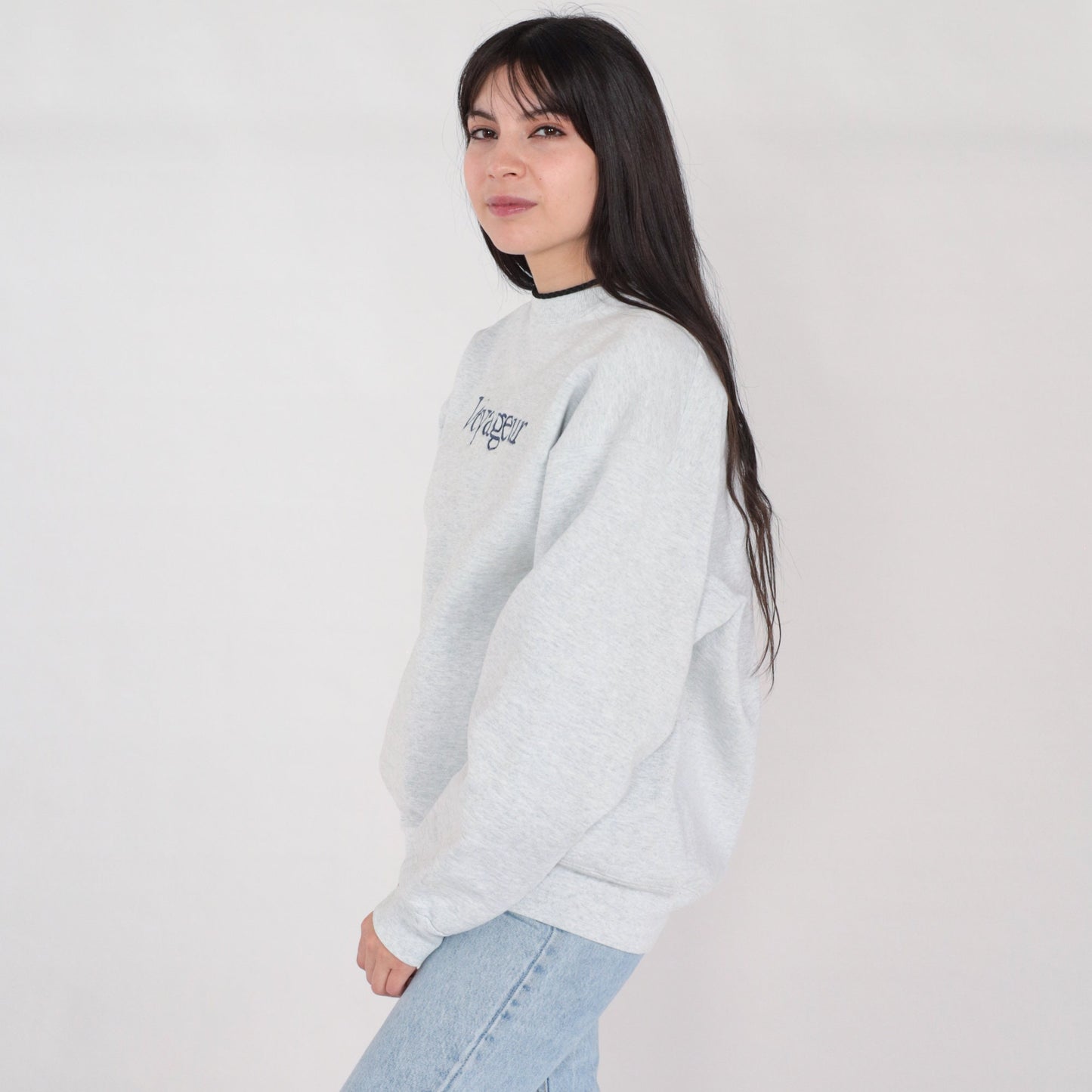 90s Voyageur Embroidered Sweatshirt Heather Grey Crewneck Pullover Large L