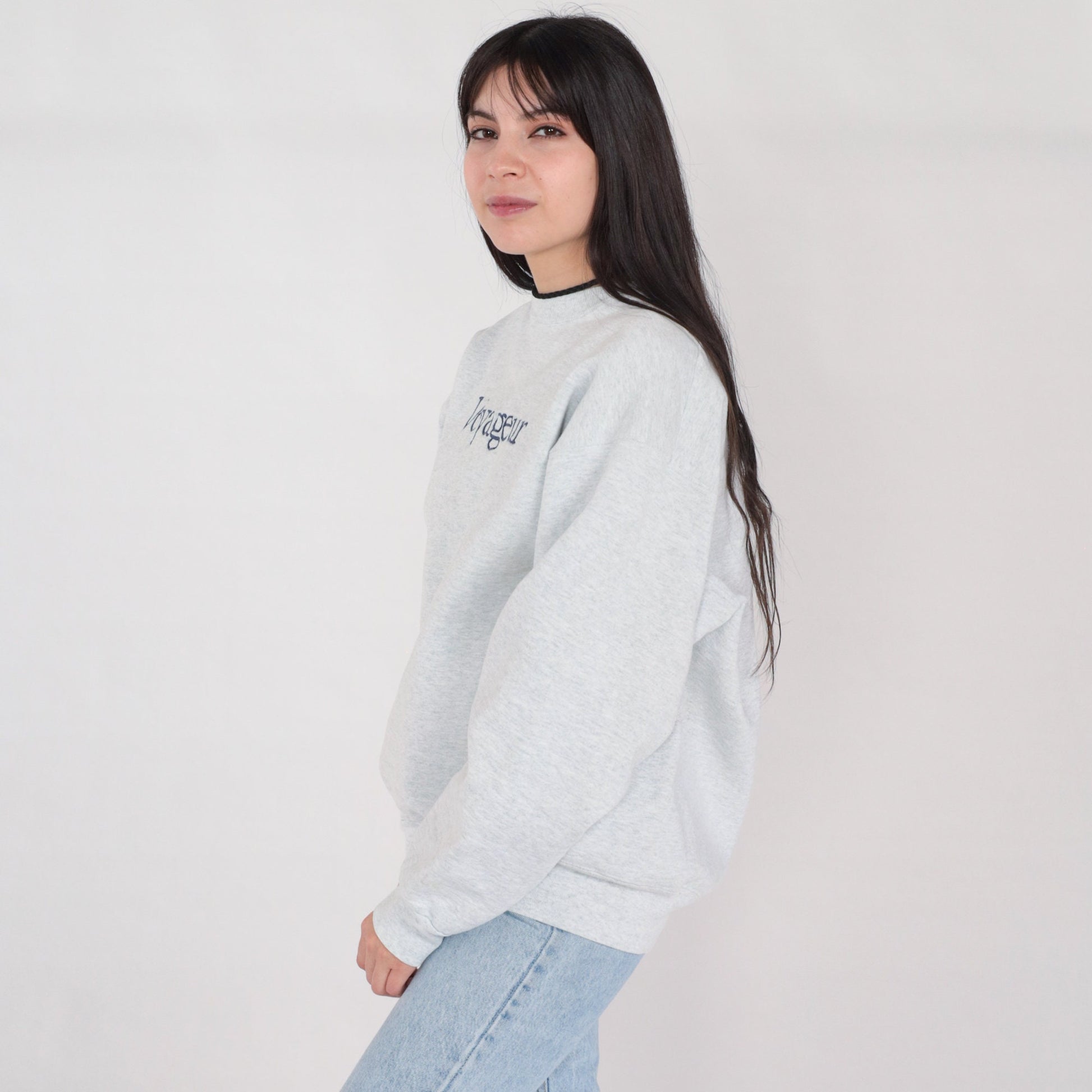 90s Voyageur Embroidered Sweatshirt Heather Grey Crewneck Pullover Large L