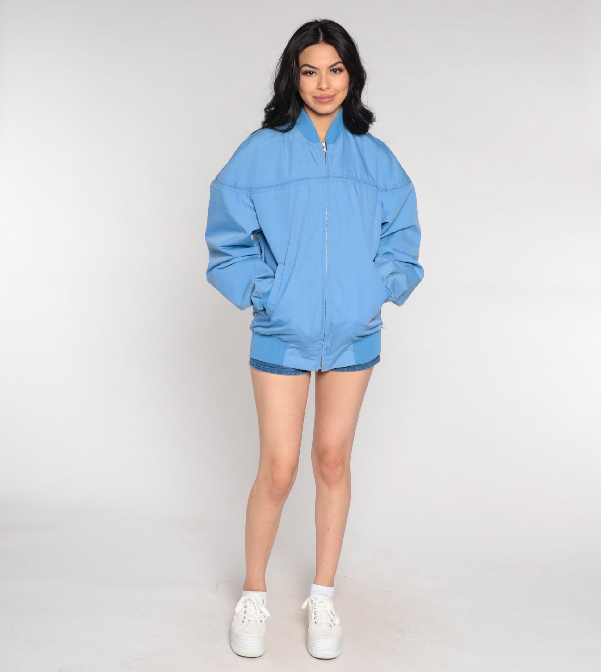 80s Blue Bomber Jacket Windbreaker Zip-Up Men's Medium Long