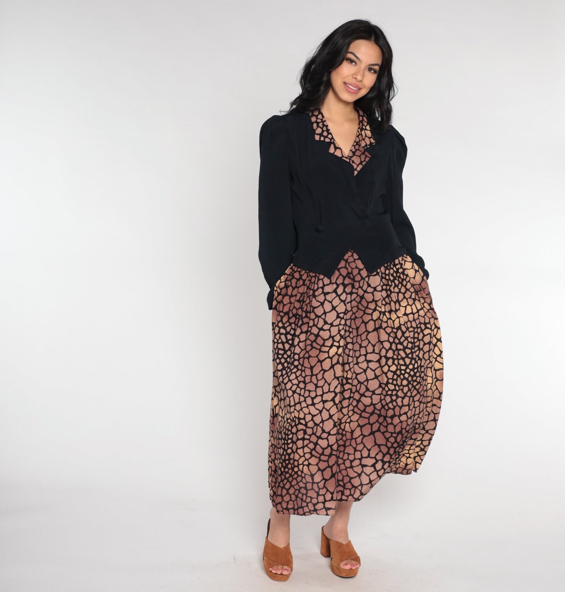 90s Visionz Midi Dress with Attached Blazer Black Brown Scale Print Puff Sleeve Small
