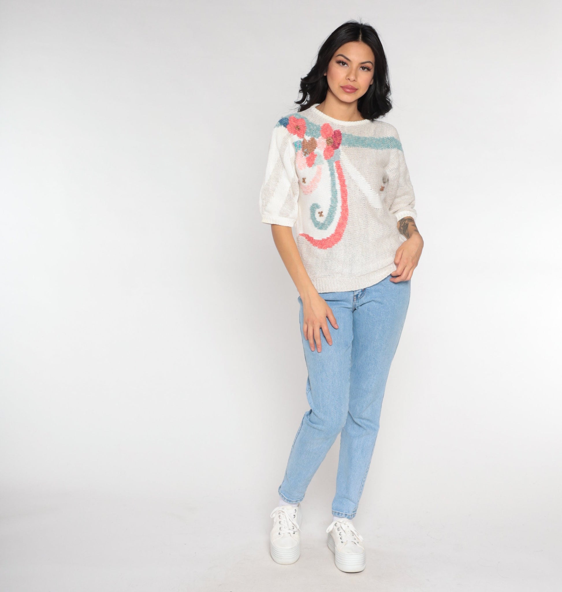 90s Koret Beaded Floral Knit Top Short Sleeve White Small