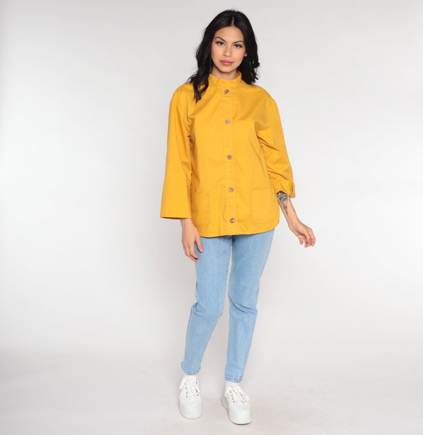 80s Yellow Cotton Blend Button-Up Blouse Long Sleeve Oxford Shirt Medium
