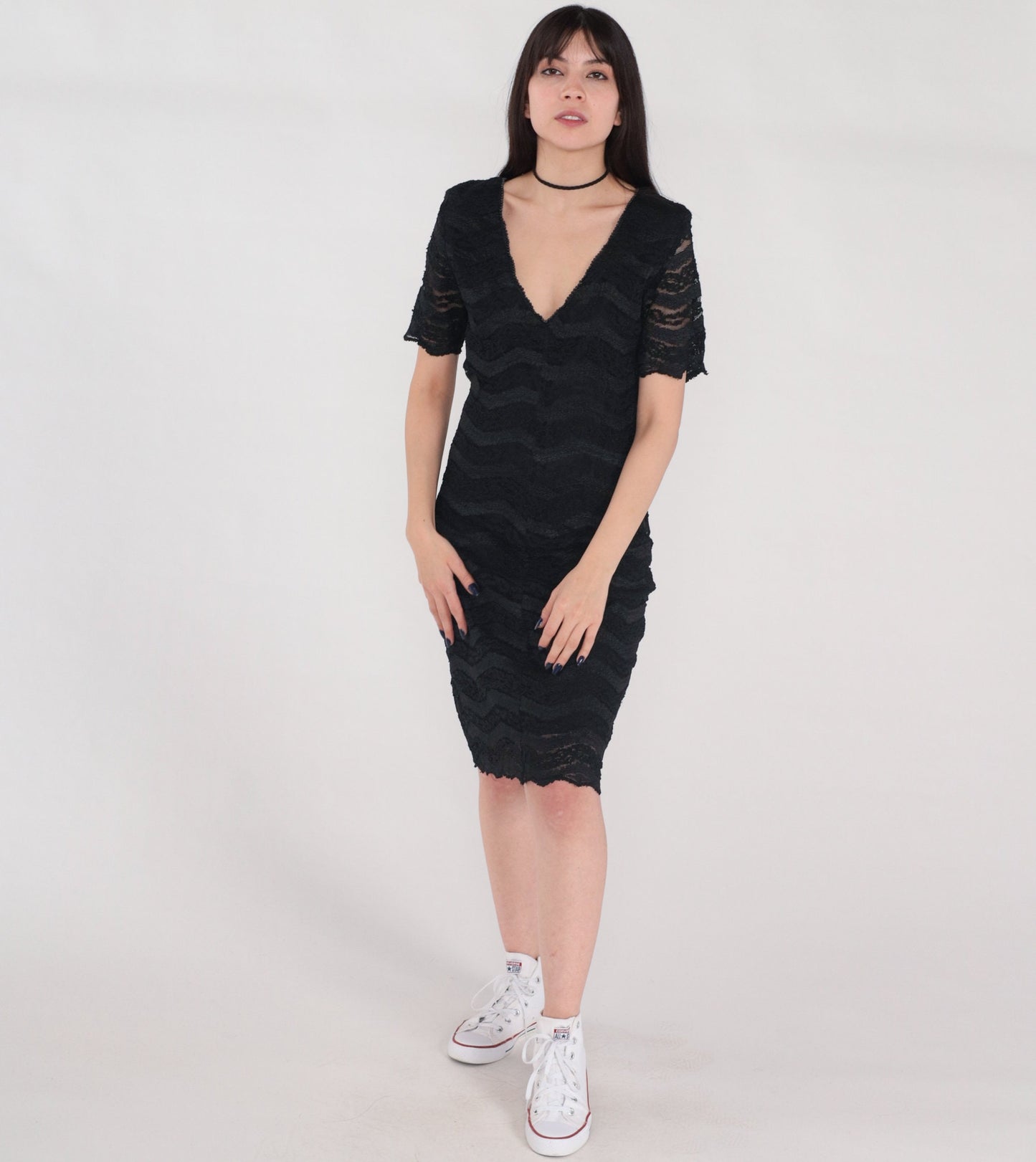 90s Black Lace Sheath Dress V Neck Short Sleeve Knee Length Medium