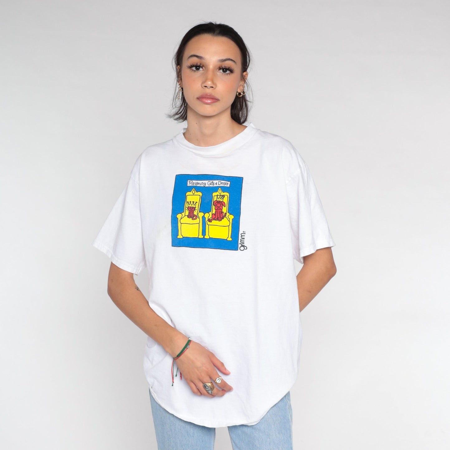 90s Grimm Reigning Cats and Dogs Graphic T-Shirt White Cotton Medium