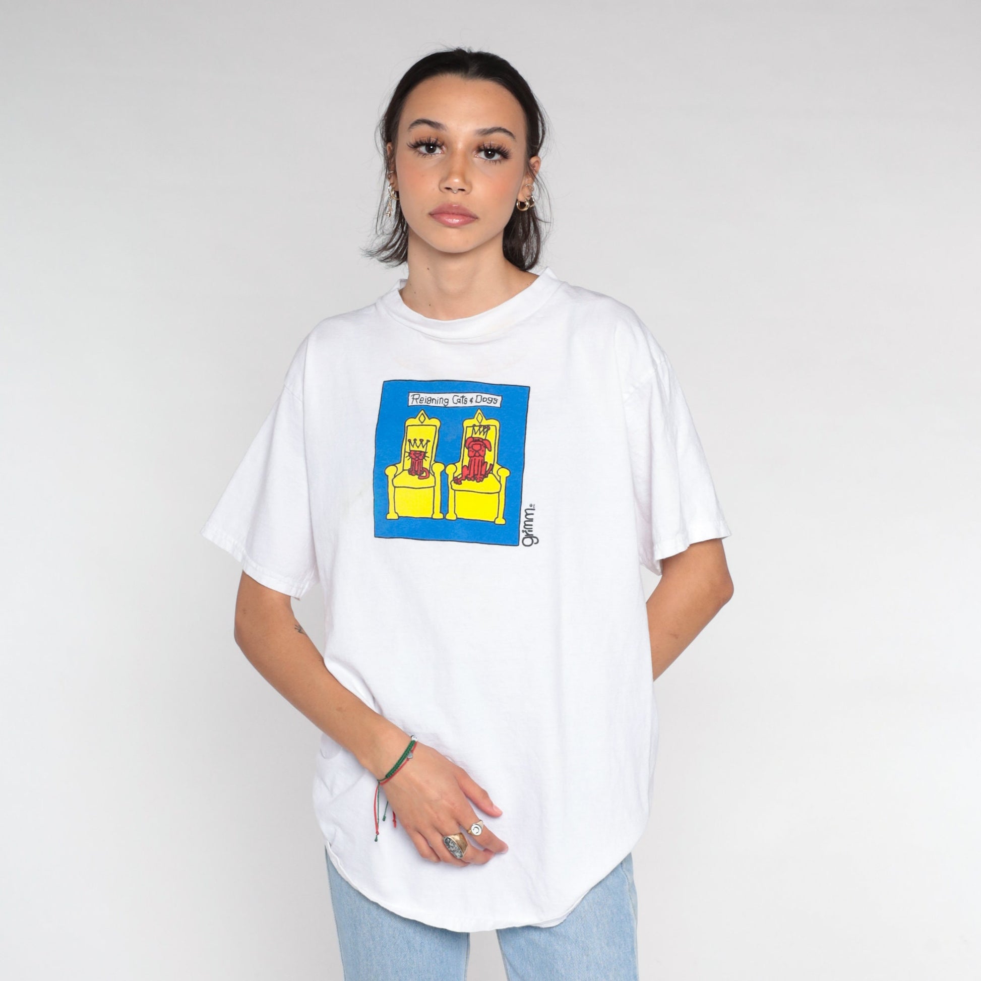 90s Grimm Reigning Cats and Dogs Graphic T-Shirt White Cotton Medium