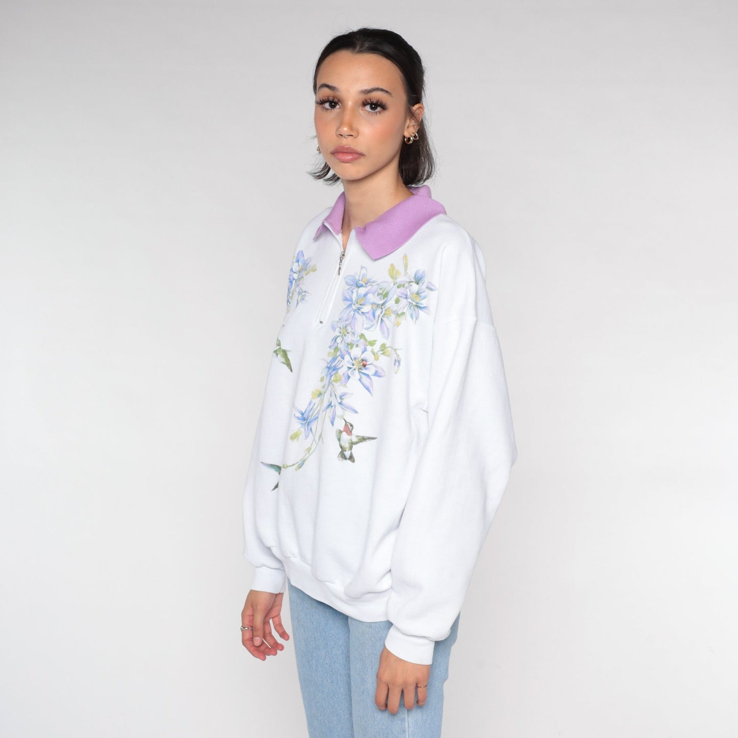 Y2K Hummingbird Columbine Floral Quarter Zip Sweatshirt White Large L