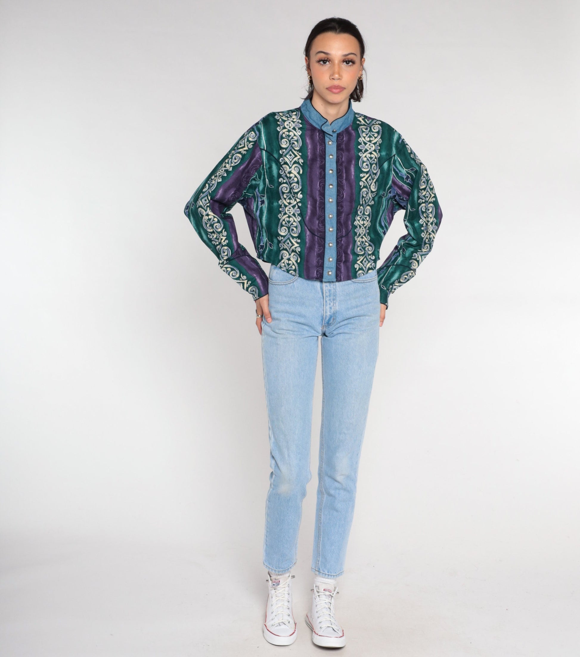 90s Wrangler Abstract Striped Button Up Blouse Long Sleeve High Neck Cotton Large