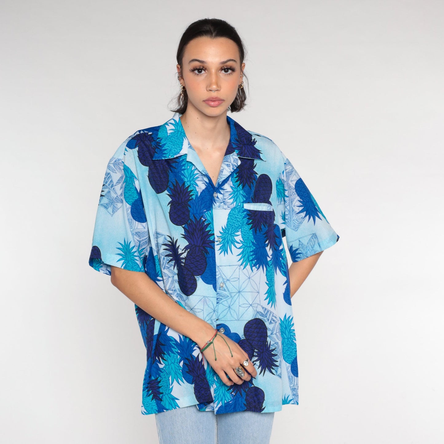 70s Blue Pineapple Tropical Button Up Shirt Short Sleeve Men's Large