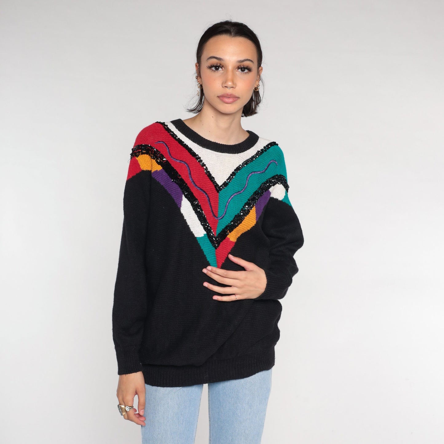 90s Black Sequin Chevron Knit Sweater Embroidered Squiggle Cotton Ramie Extra Large