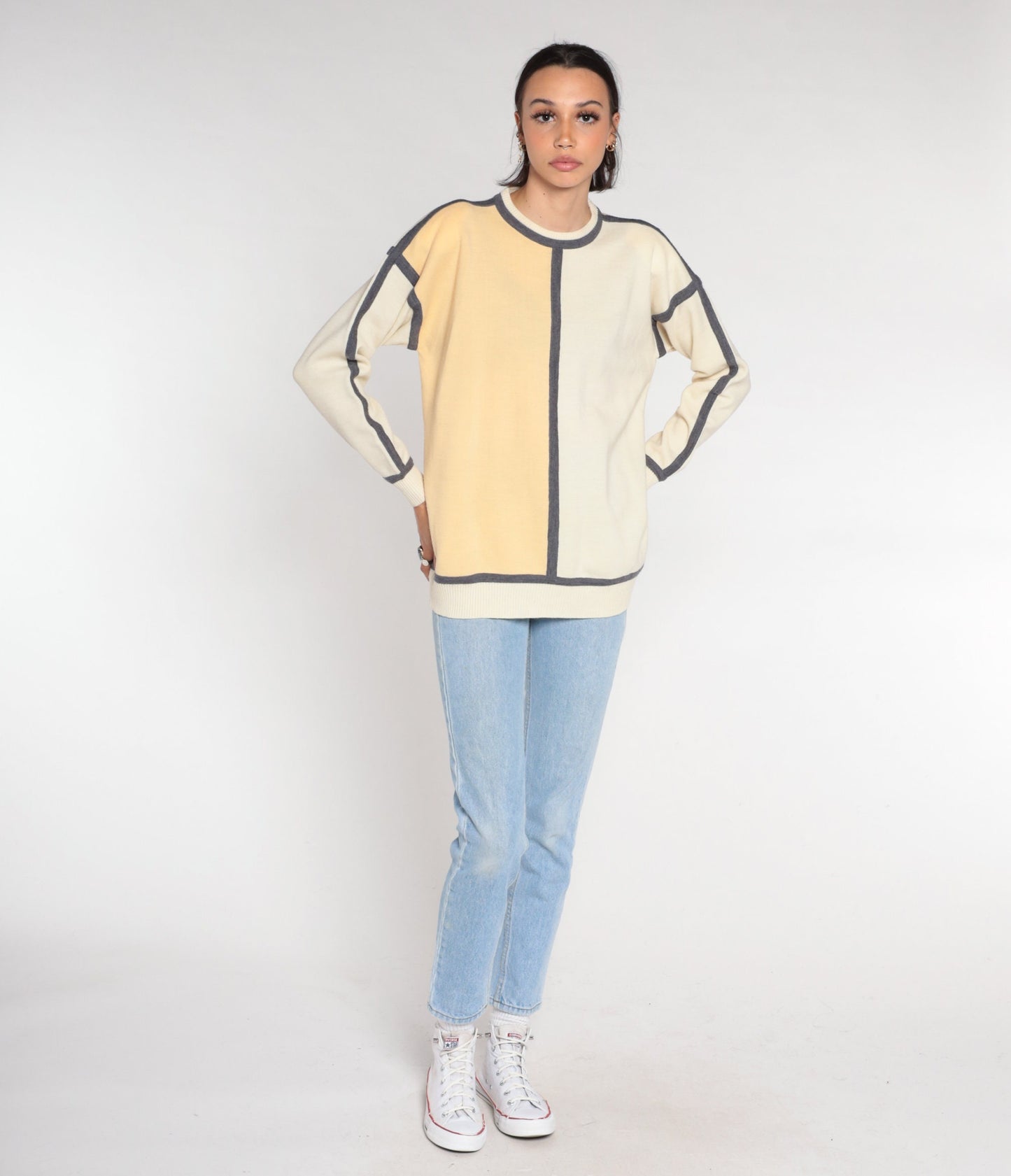 90s Liz Claiborne Wool Blend Crewneck Sweater Beige Grey Trim Medium