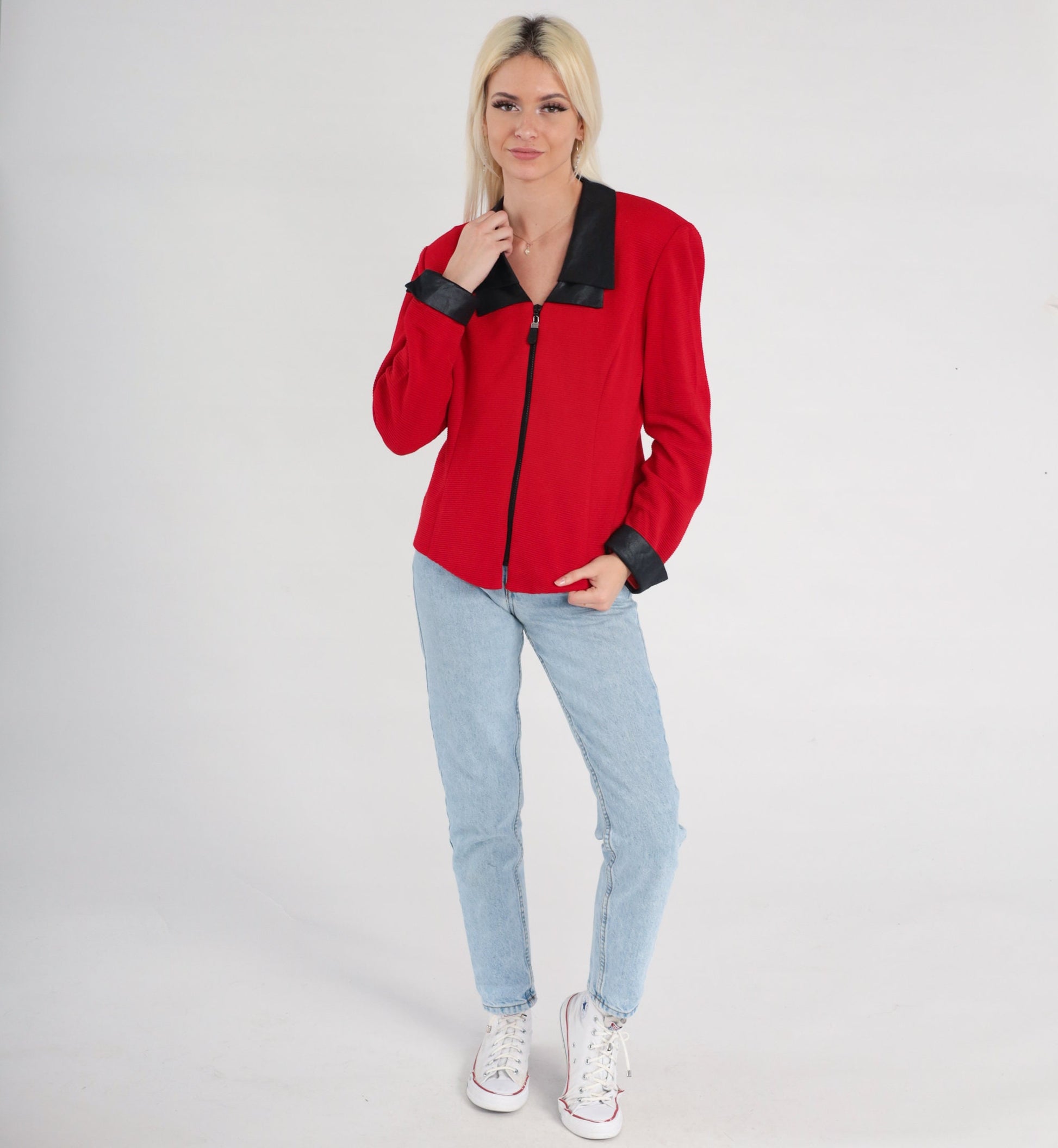 90s Red Blazer Jacket Faux Leather Collar Zip Front Medium