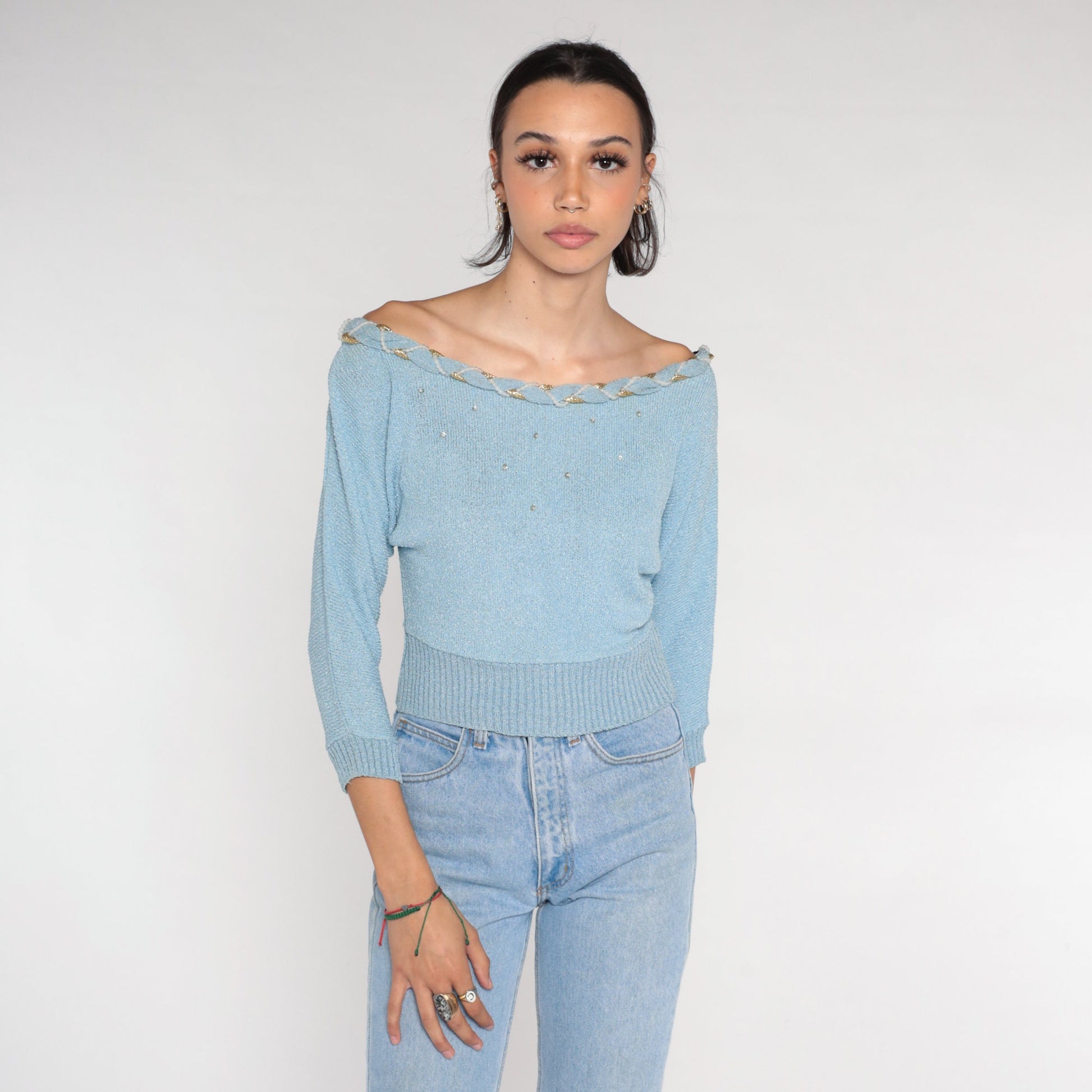 70s Dusty Blue Knit Sweater Off-Shoulder Sequin Beaded Pullover Small S