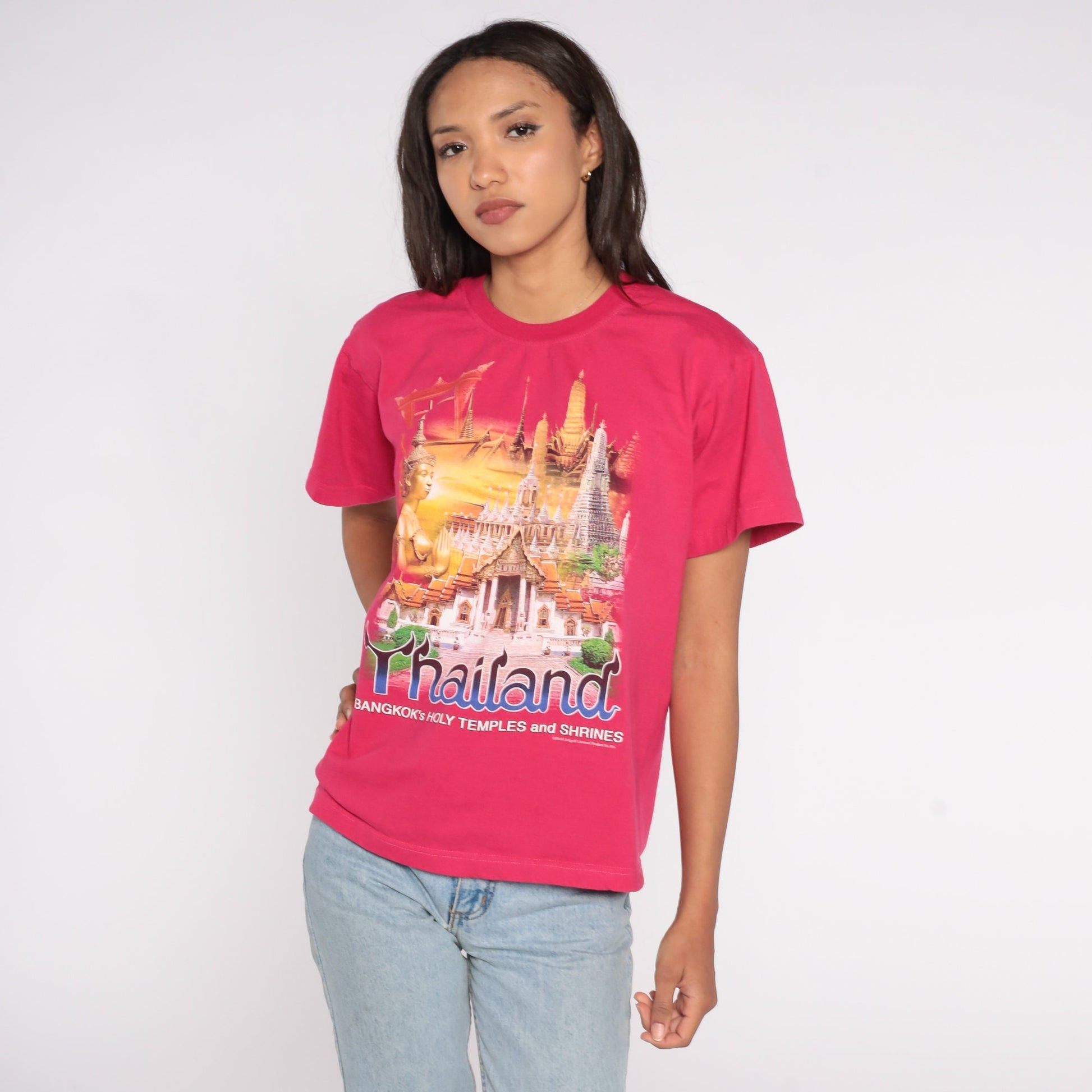 00s Bangkok Thailand Temples Graphic T-Shirt Hot Pink Cotton Medium