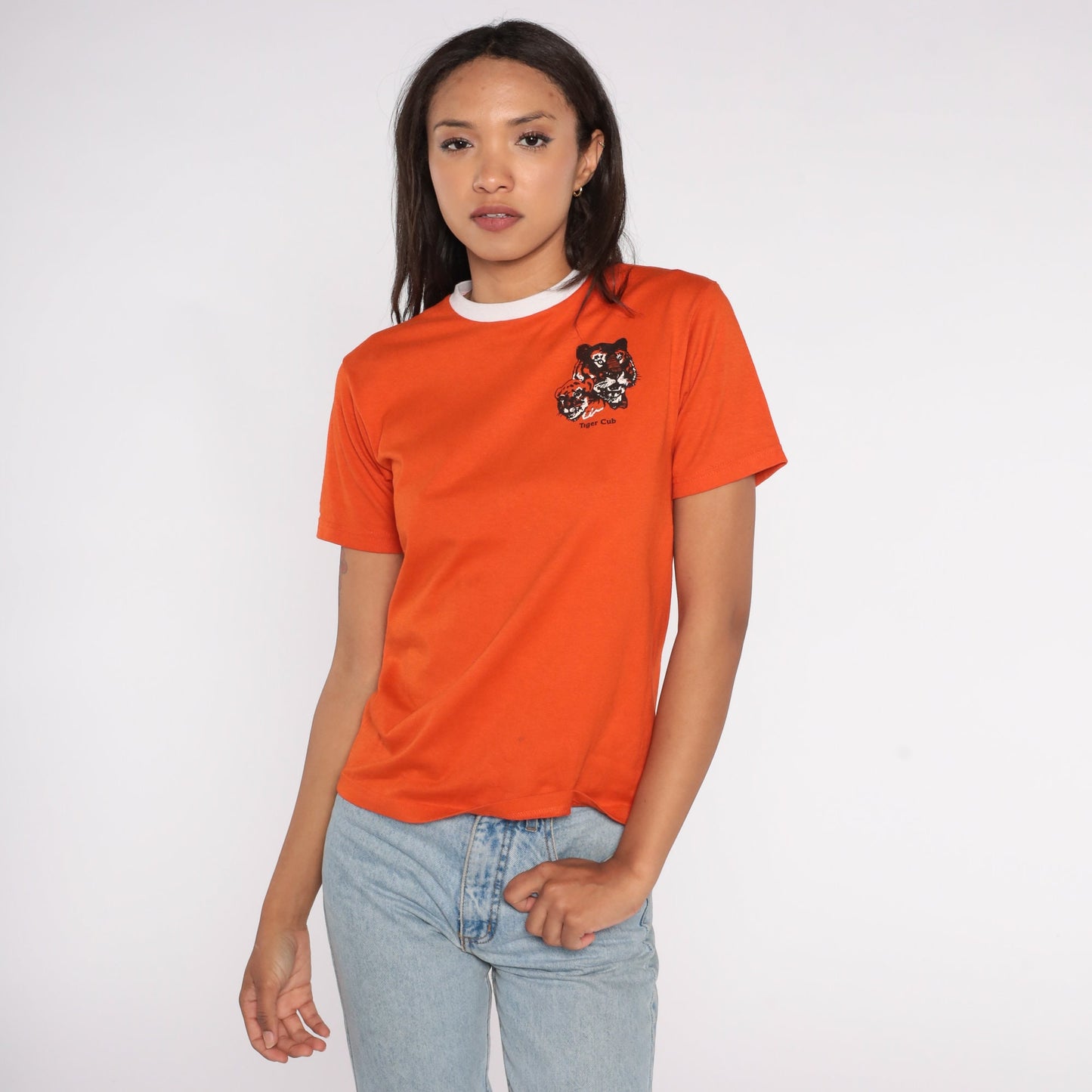 80s Tiger Cub Scout Ringer Tee Orange Graphic T-Shirt Small S