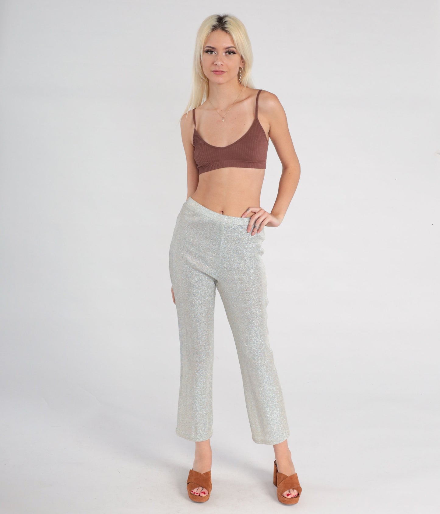90s Metallic Silver Lurex Skinny Pants High Waist Elastic Medium