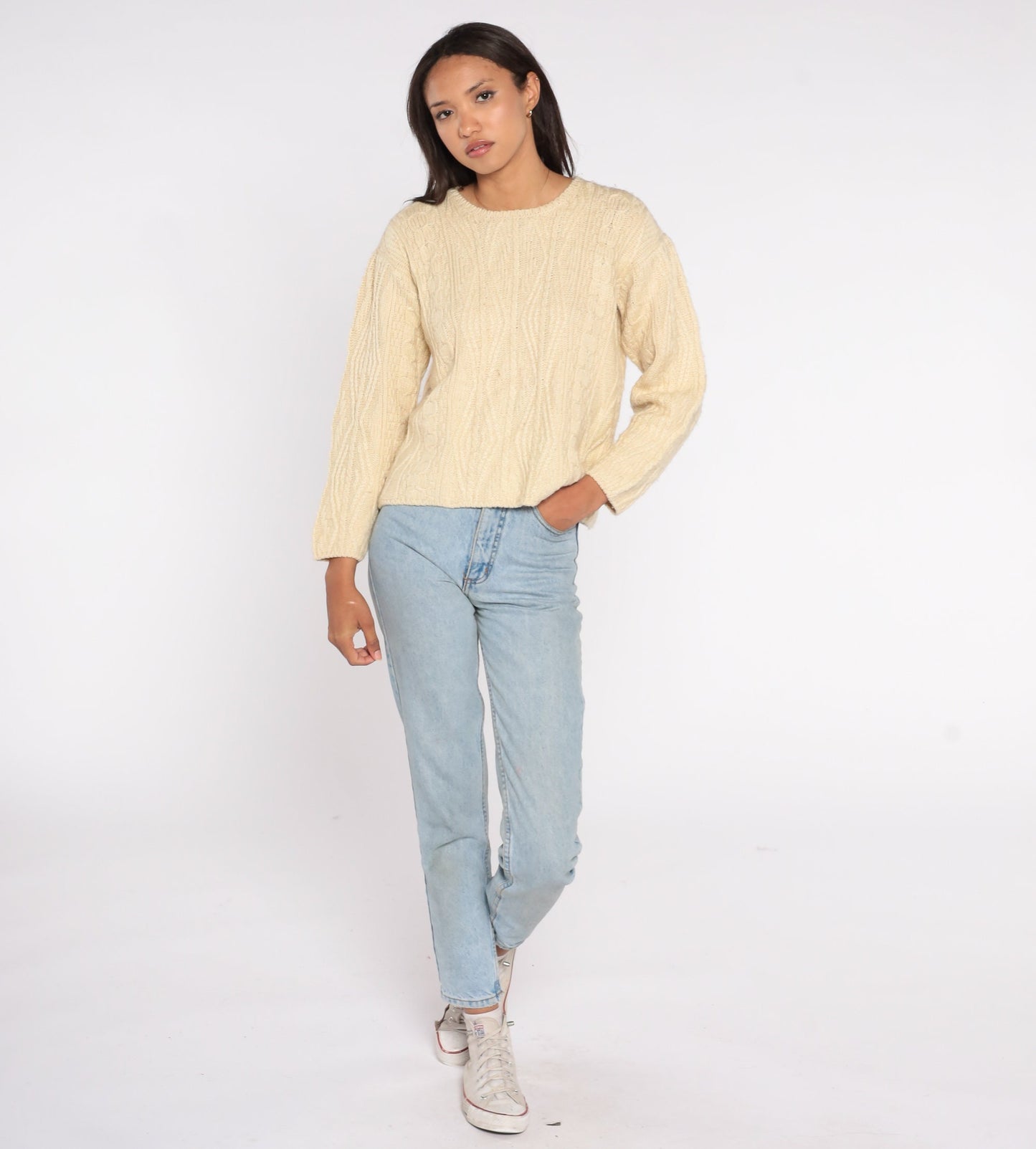 00s LL Bean Cream Wool Cable Knit Crewneck Sweater Extra Small XS