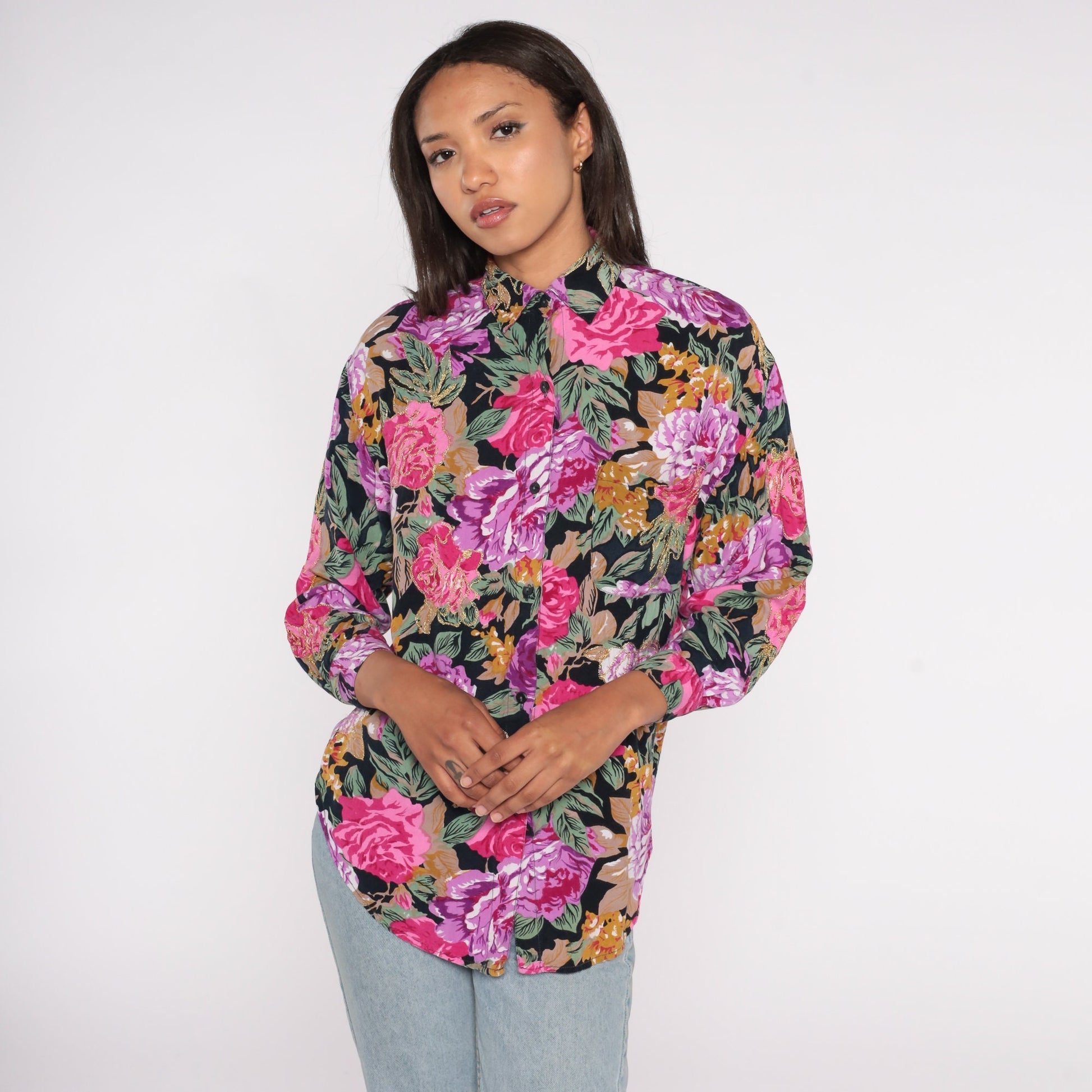 90s Floral Button Up Blouse Metallic Gold Pink Purple Rayon Small