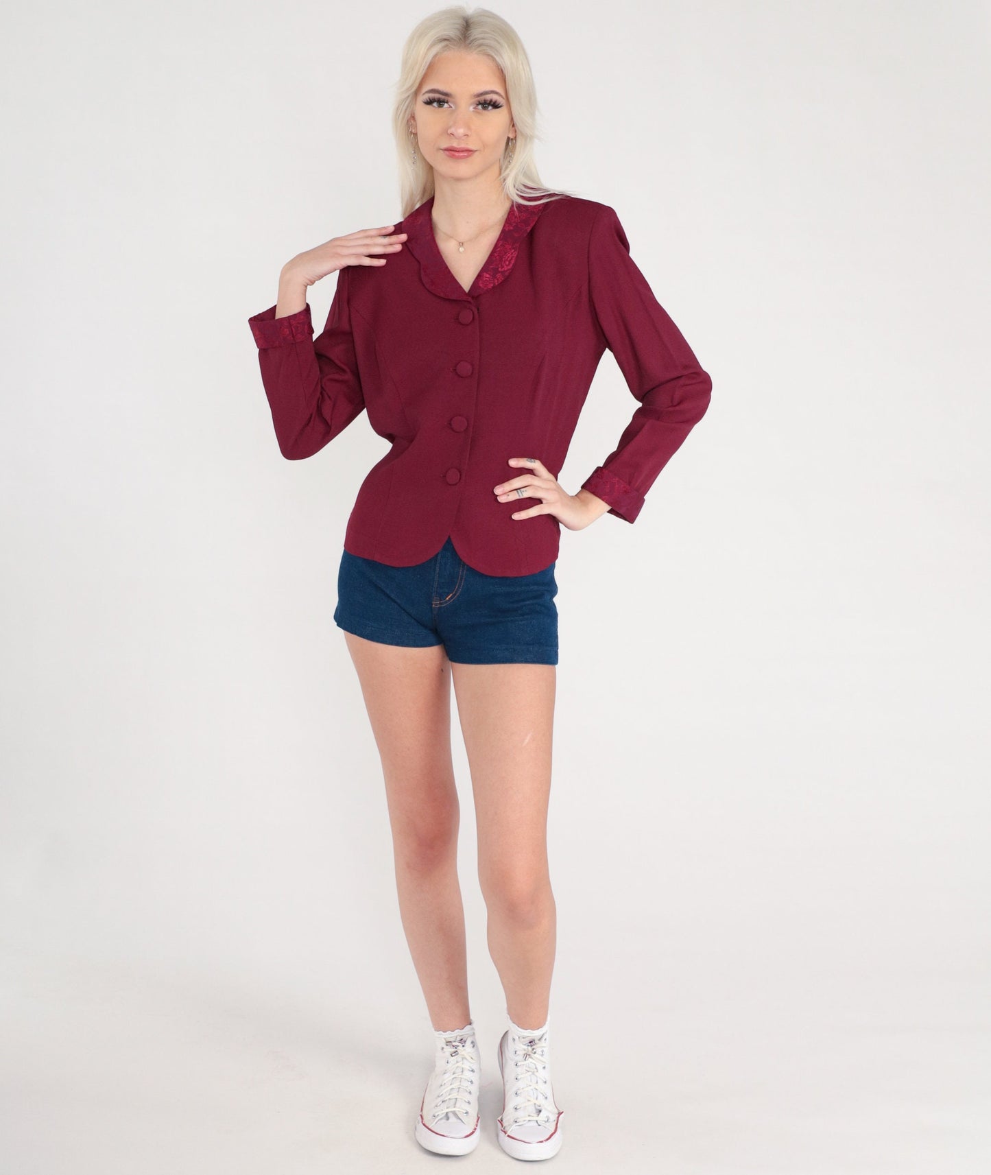 80s Dark Red Blazer Floral Embossed Button-Up Jacket Large 12